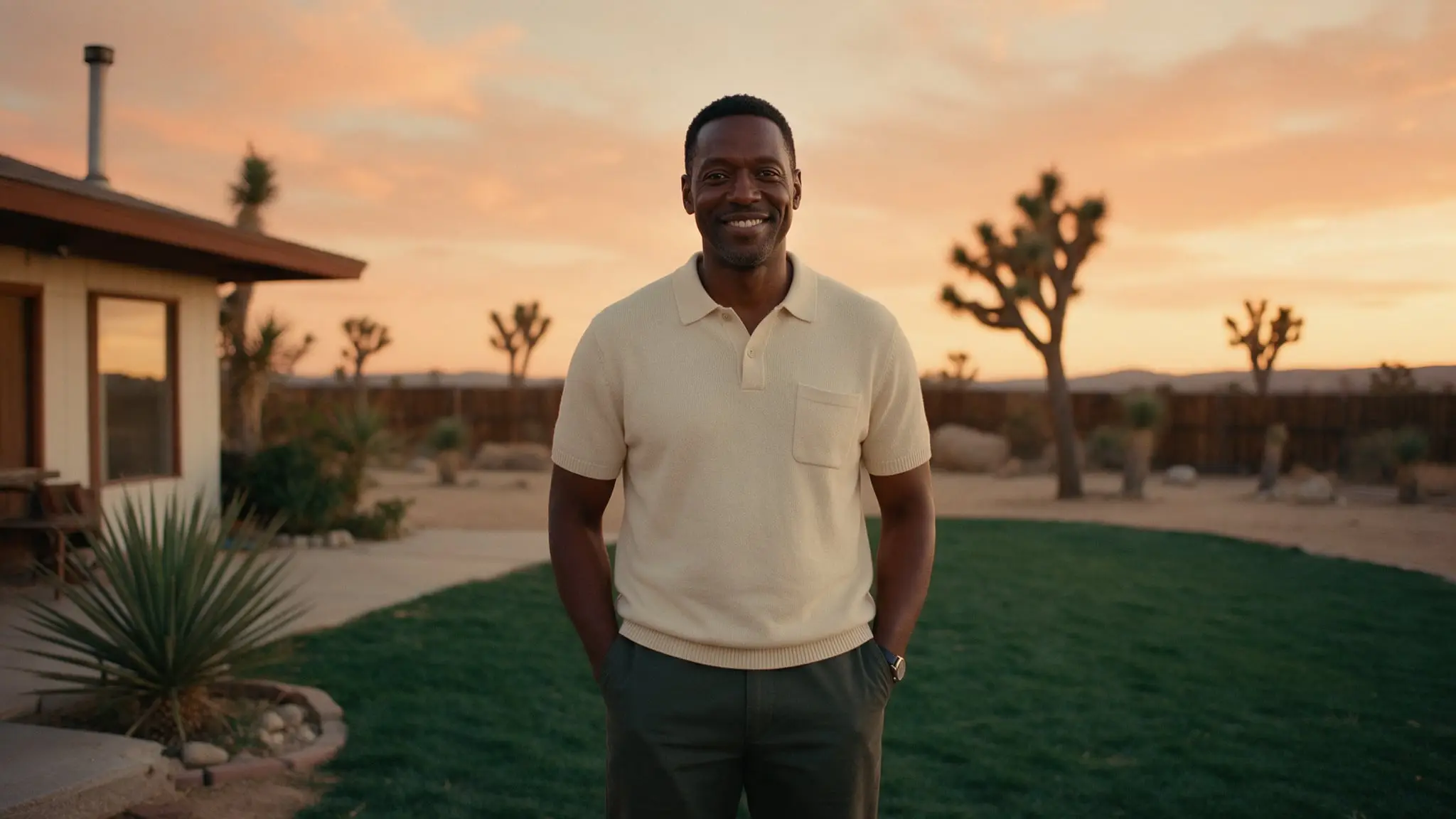 A man in a cream polo shirt smiling with his hands in his pockets in his backyard at sunset, Joshua trees and an orange sky behind him