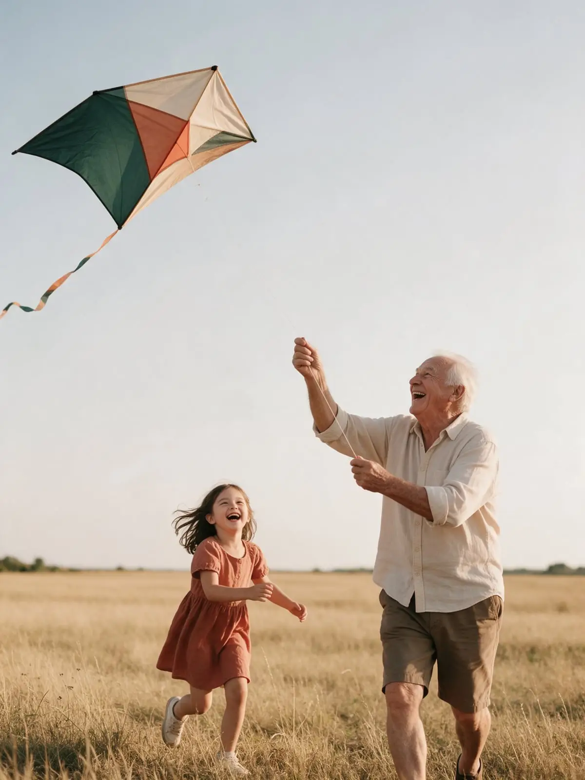 A grandfather and his granddaughter laughing as they fly a green and peach kite together in an open field of dry grass