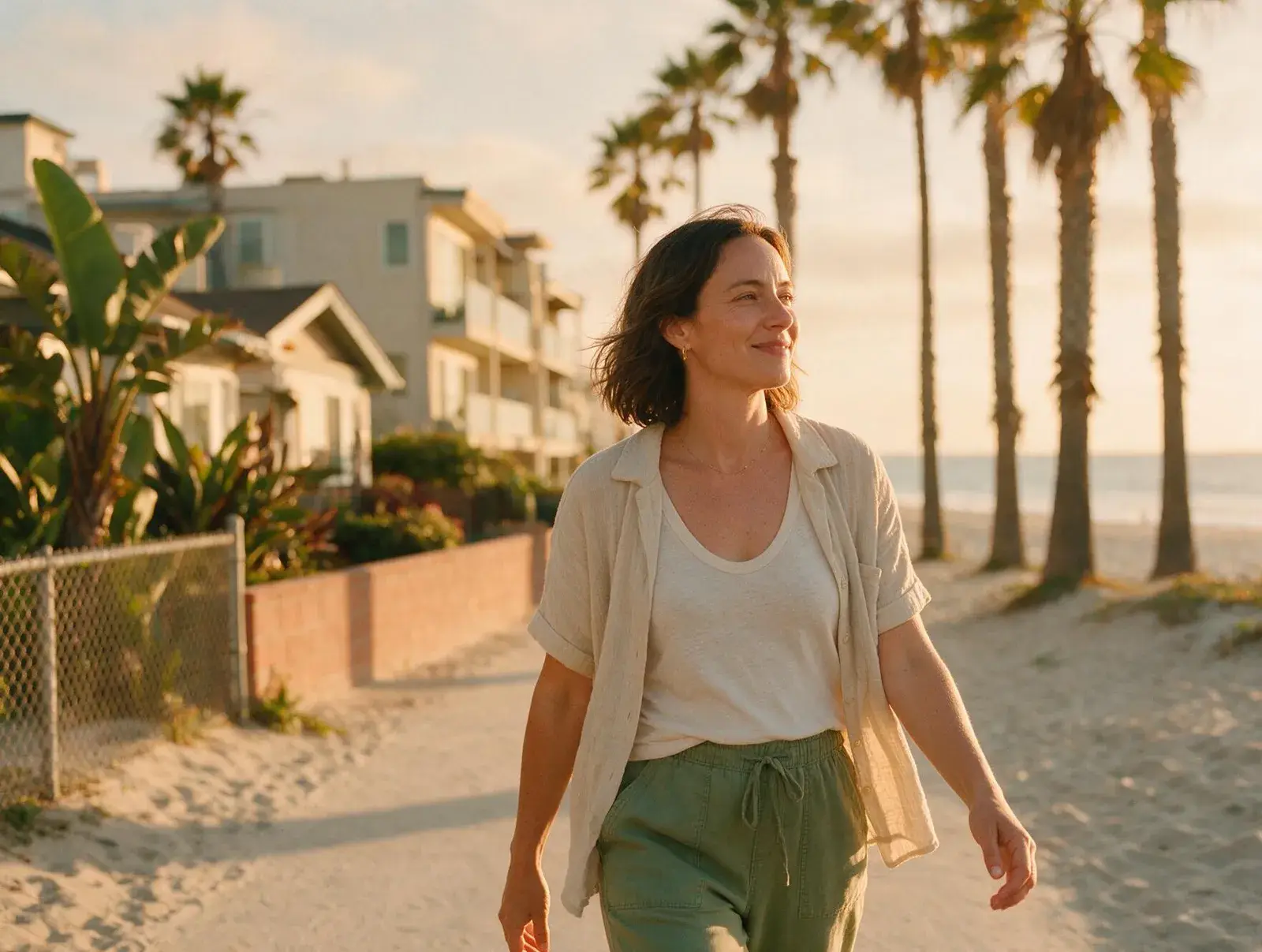 Woman walking a palm-lined beach path in Long Beach at golden hour, smiling with ease