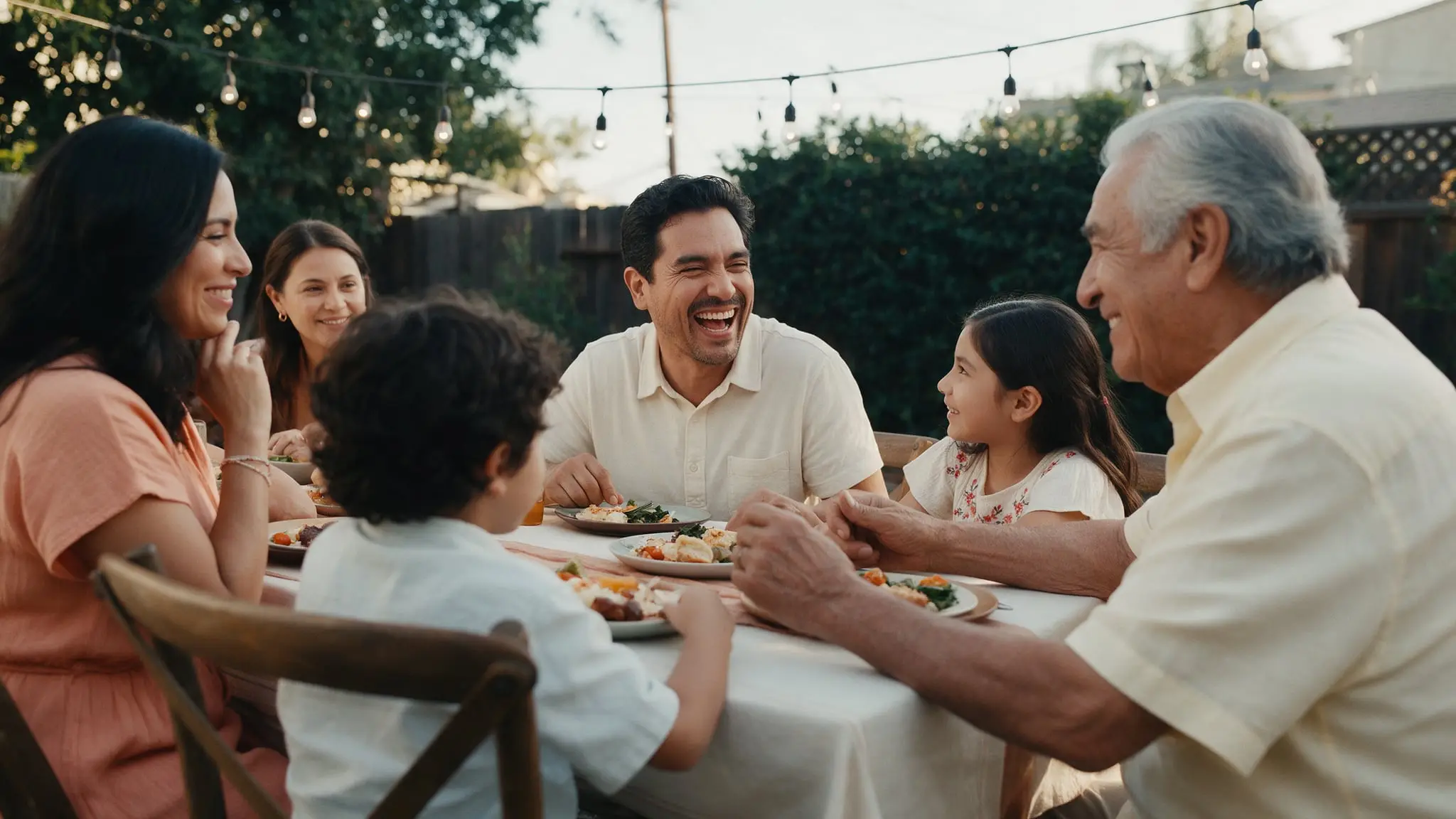 Three generations of a family laughing over a backyard lunch under string lights, a man at the table sharing a joke with his father while the children eat