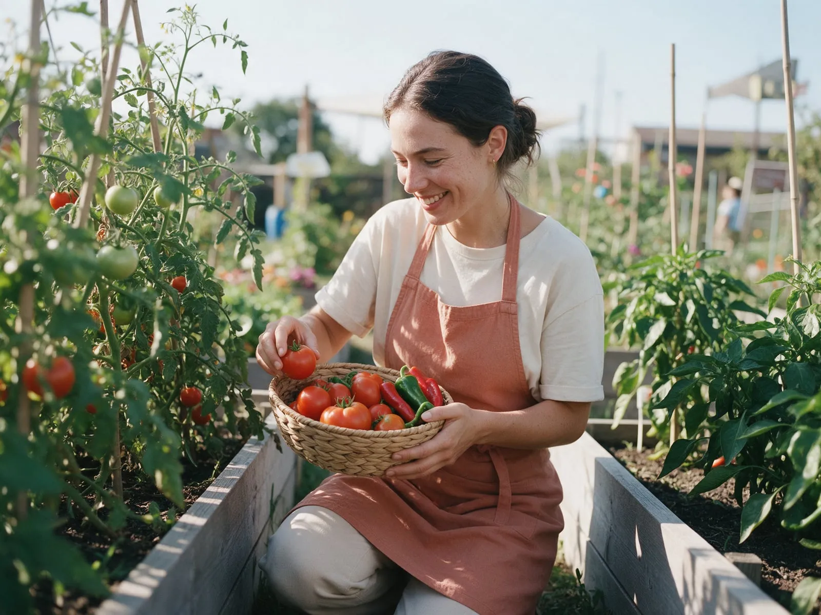 A young woman in a terracotta apron smiling as she kneels between raised beds with a basket of tomatoes and peppers