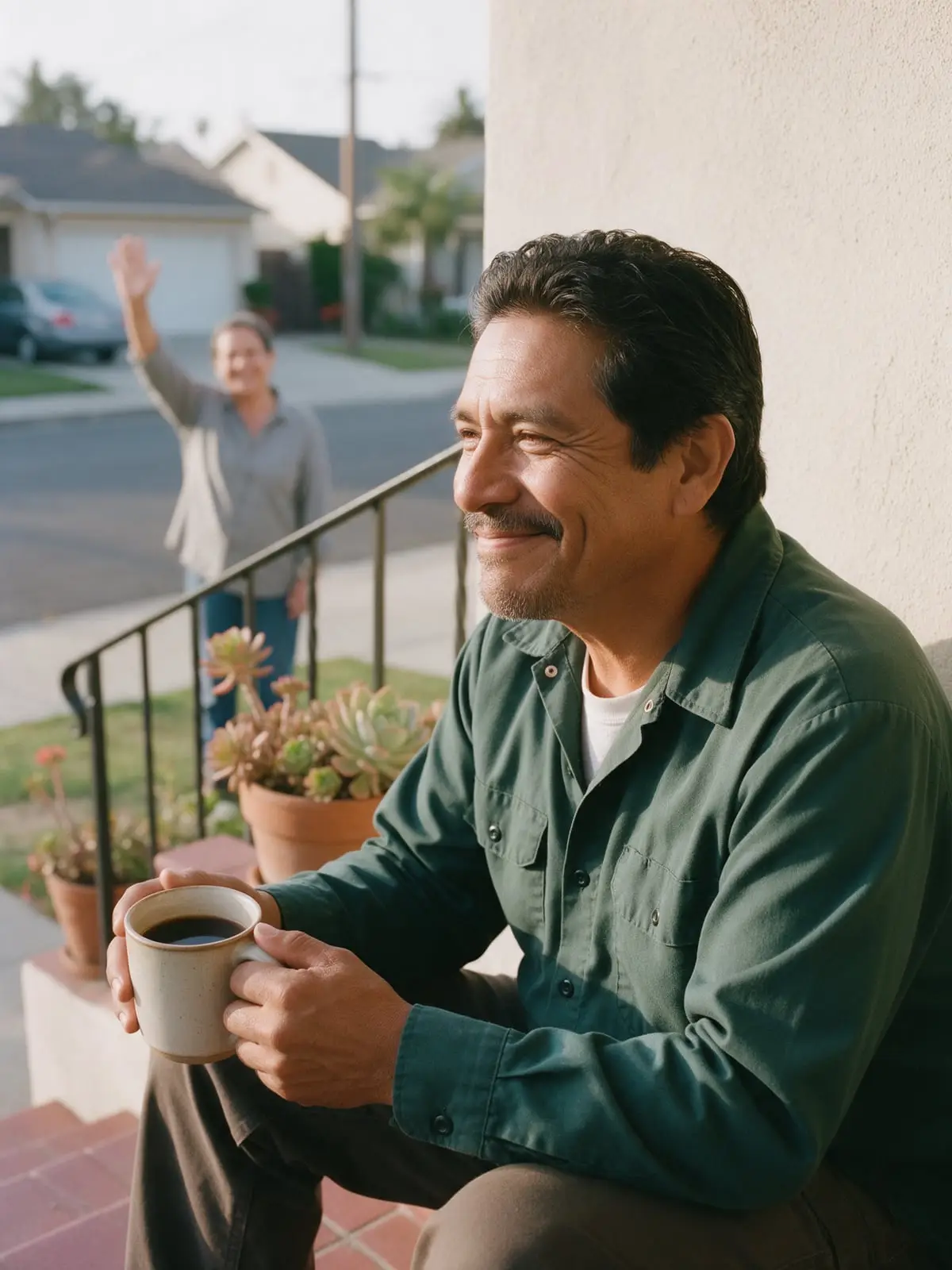 A man in a green work shirt smiling softly on his front steps with a mug of coffee while a neighbor waves from across the street