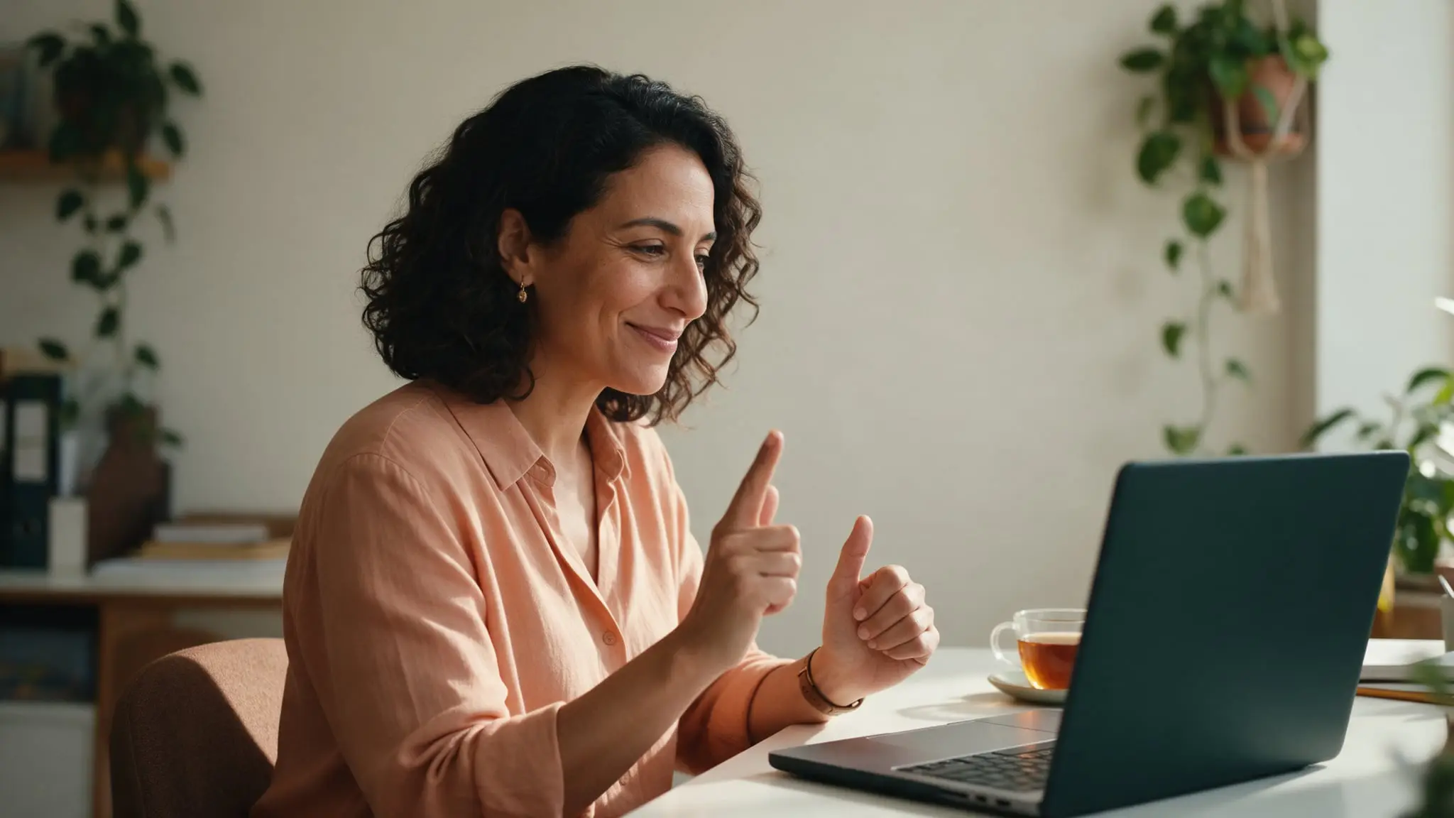 A woman with dark curly hair in a peach blouse smiling and giving two thumbs up during a video call at her laptop, a cup of tea and trailing houseplants beside her