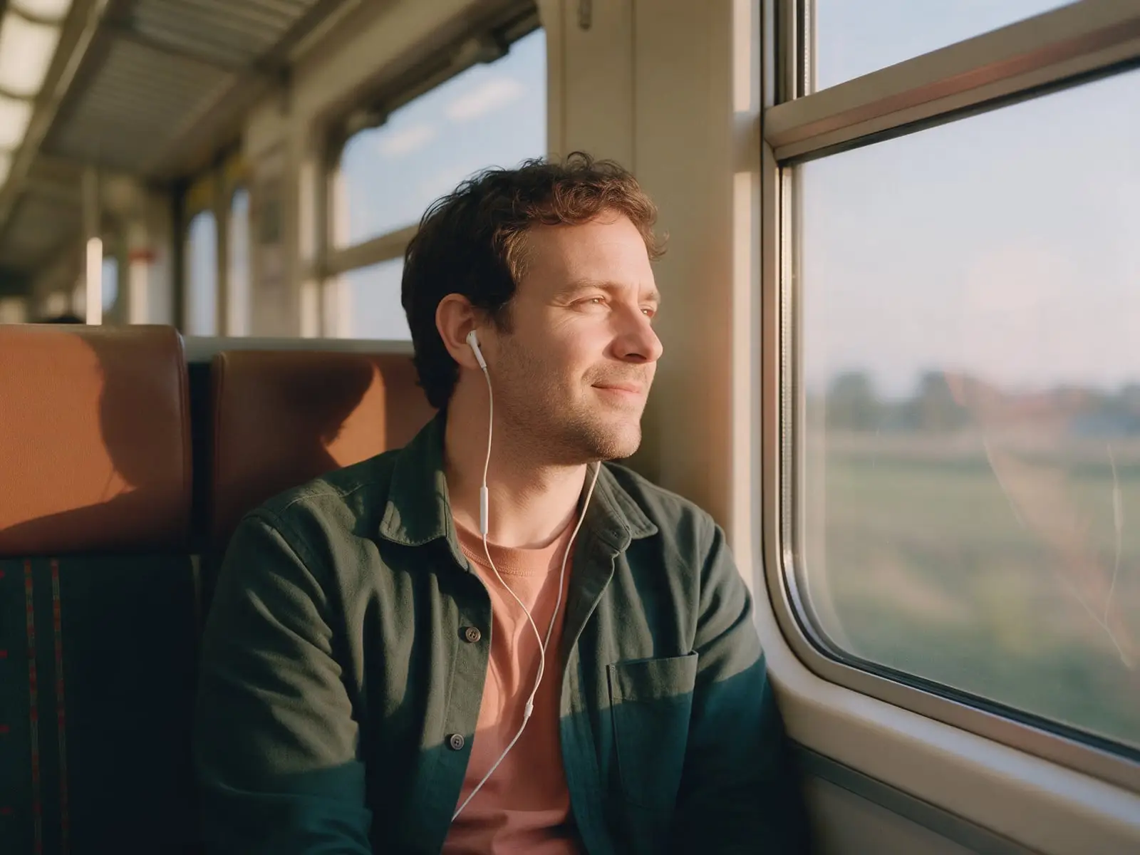 A man with earbuds smiling quietly as he looks out the window of a commuter train in soft morning light