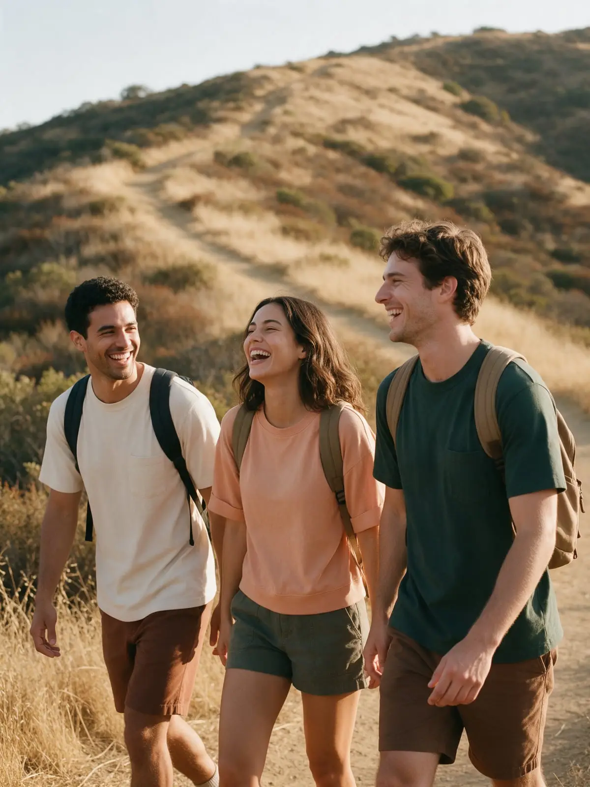 Three friends laughing as they hike a dry chaparral trail on a golden hillside, light backpacks on their shoulders