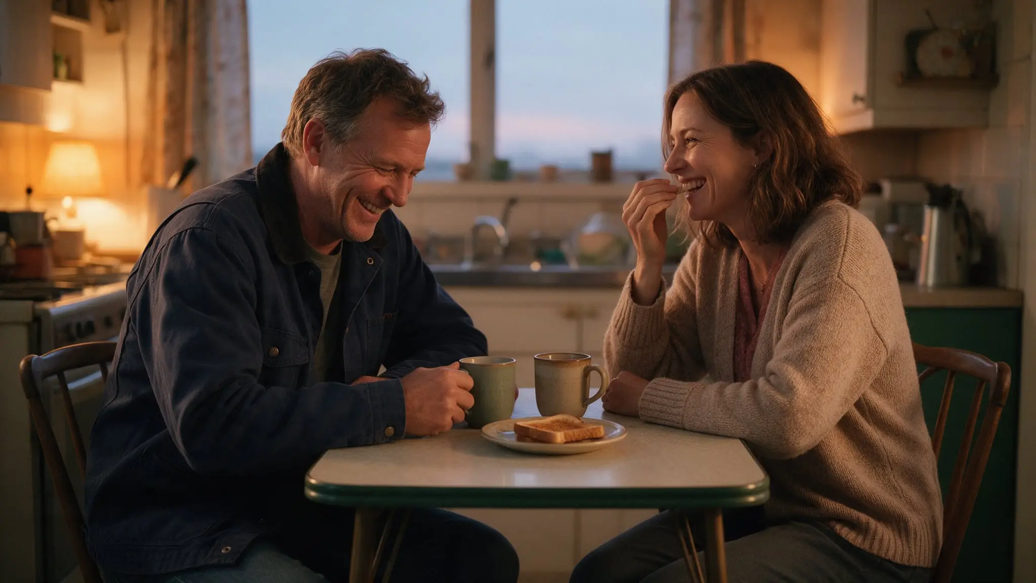 A man in a dark work jacket and a woman in a brown cardigan laughing over mugs and toast at a small kitchen table, lamp light and an early morning sky in the window