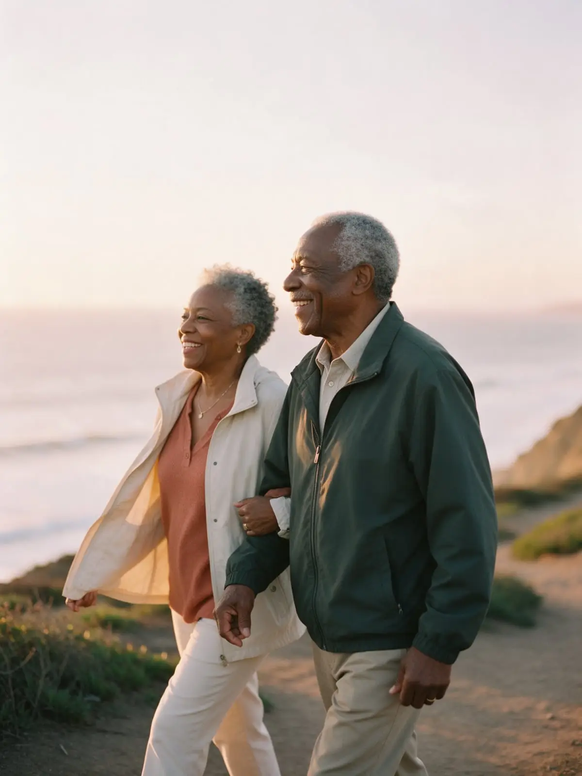 An older couple walking arm in arm along a coastal bluff path at sunset, both smiling