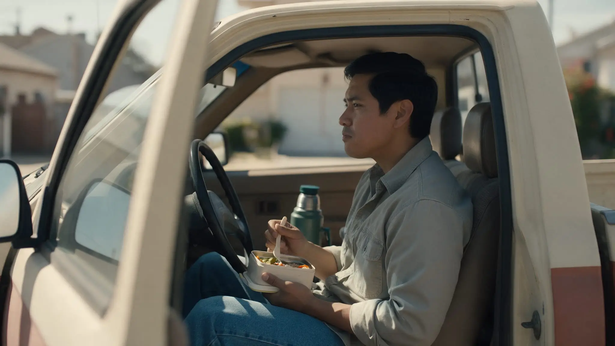 A man in a grey work shirt sitting sideways in the driver's seat of a cream pickup truck with the door open, eating lunch from a container with a green thermos on the dashboard