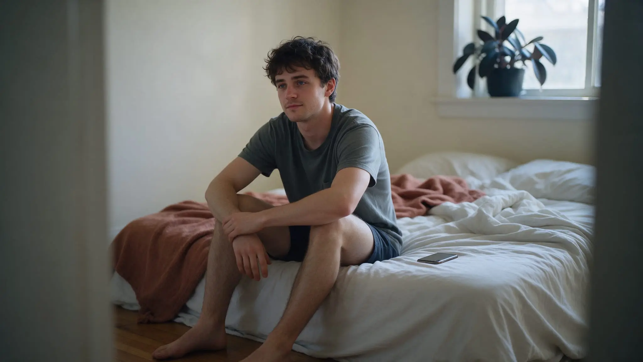A young man in a grey T-shirt sitting on the edge of an unmade bed in morning light, forearms resting on his knees, a phone face down on the sheet beside him