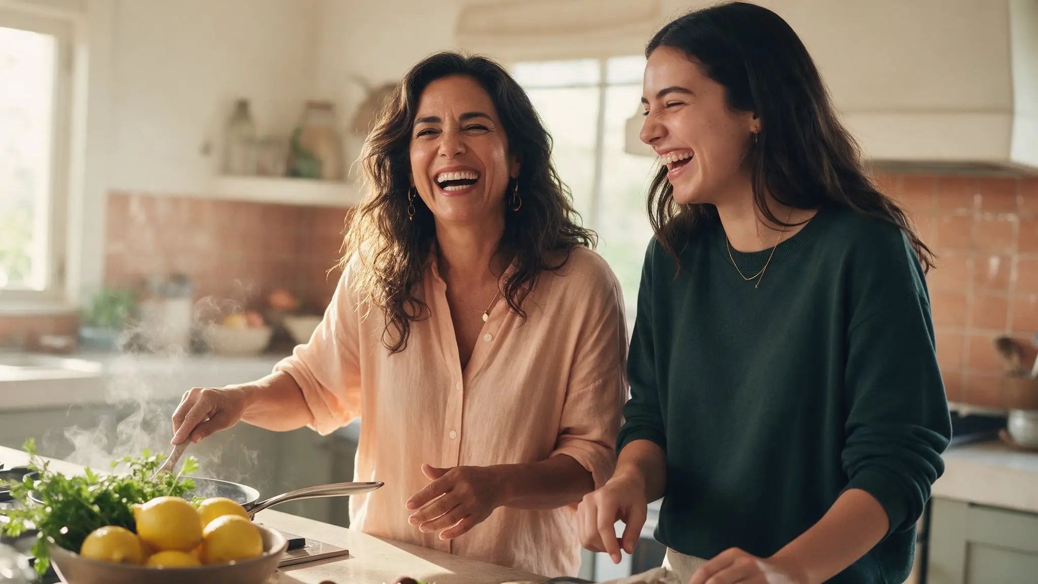 Two women, a mother and her grown daughter, laughing together as they cook at a sunny kitchen counter with lemons, fresh herbs and a steaming pan, terracotta tiles behind them