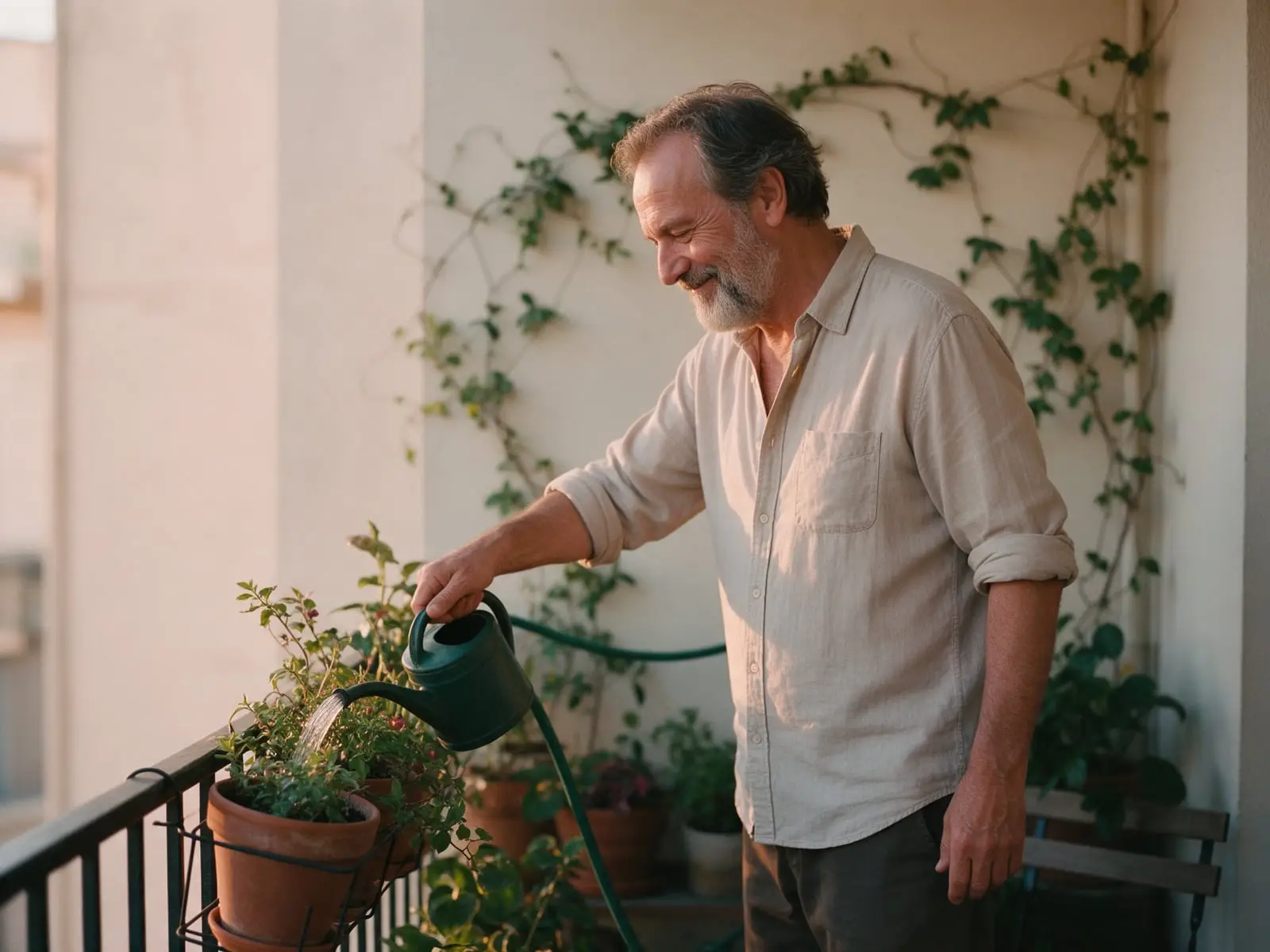 A grey-bearded man smiling quietly as he waters potted plants on a small apartment balcony in golden evening light