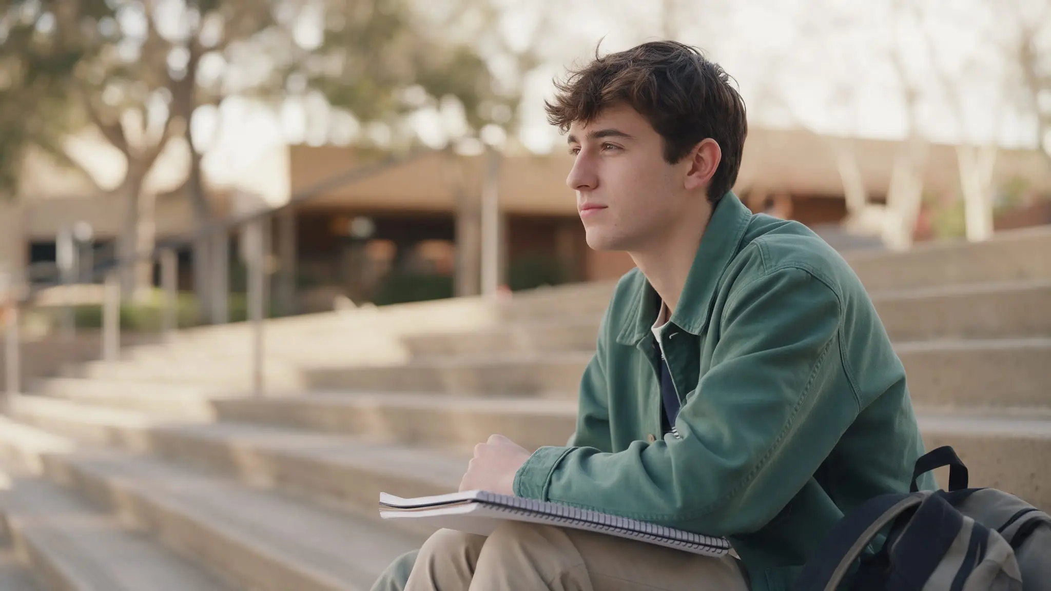 A young man in a green jacket sitting on wide concrete steps in soft afternoon light, a spiral notebook resting on his knee and a backpack at his side, looking off into the distance