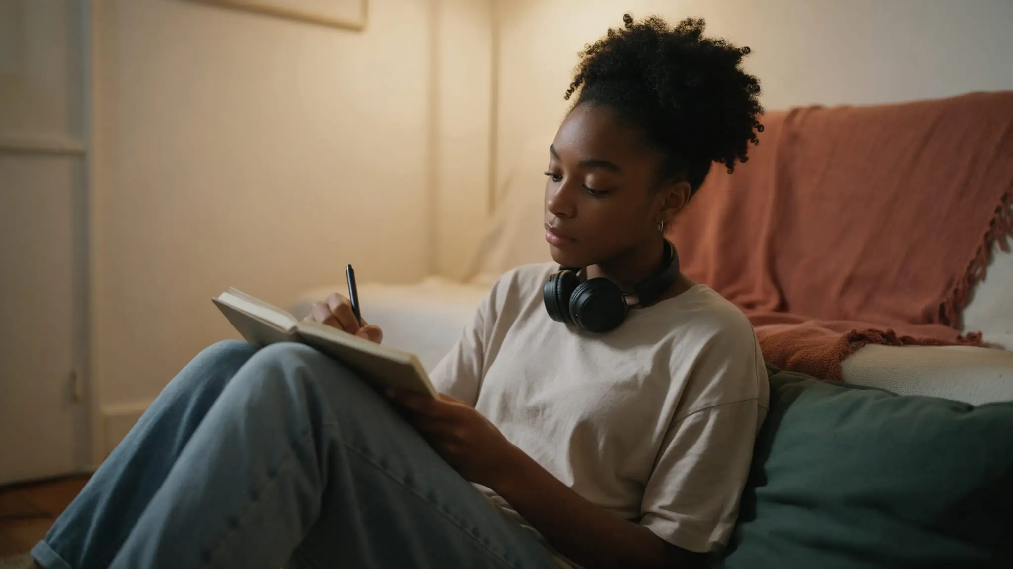 A young woman with headphones around her neck sitting on the floor against a sofa draped in a rust-colored blanket, writing in a notebook propped on her knees