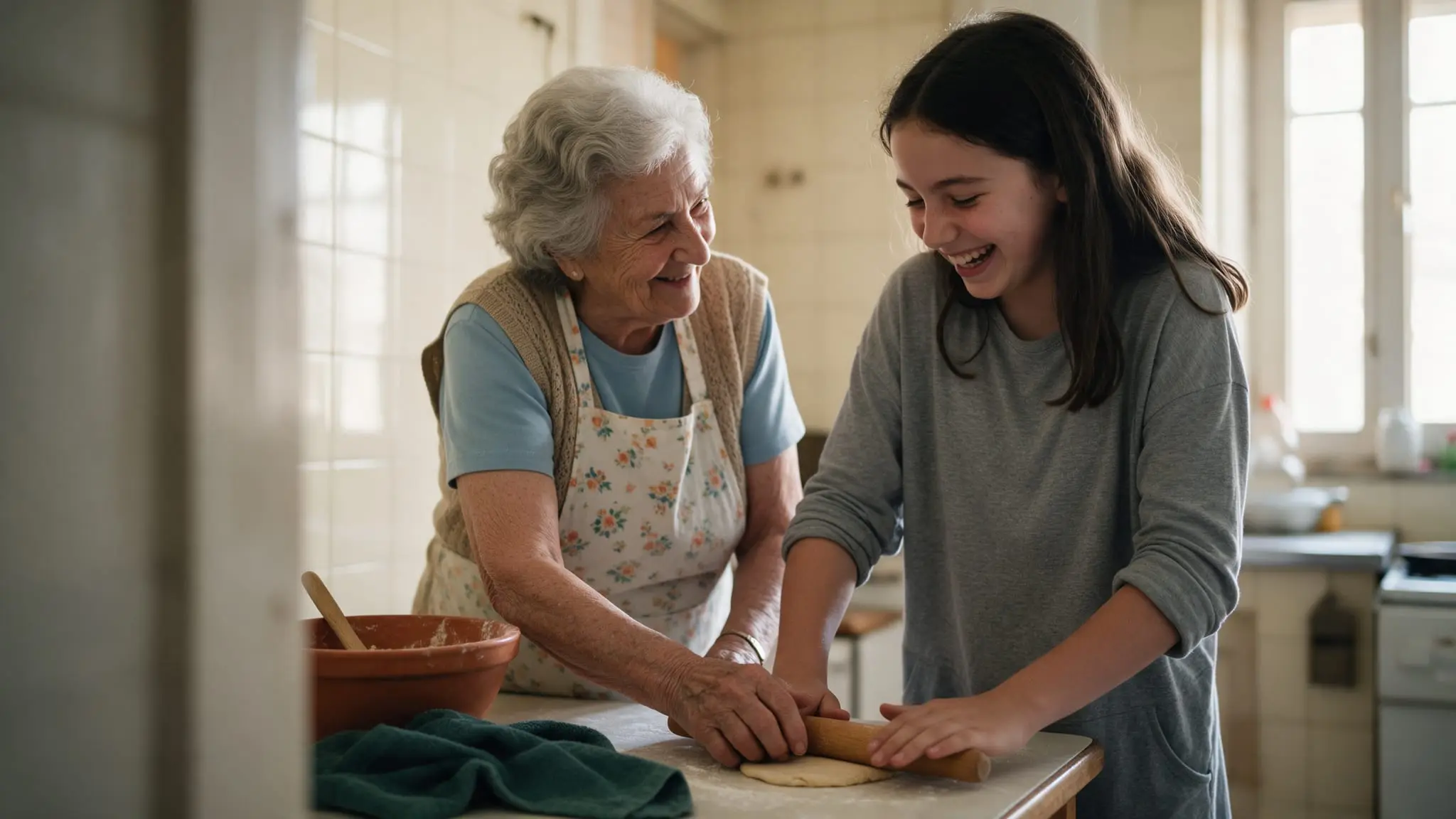A grandmother in a floral apron and her teenage granddaughter laughing together as they roll out dough side by side at a kitchen counter