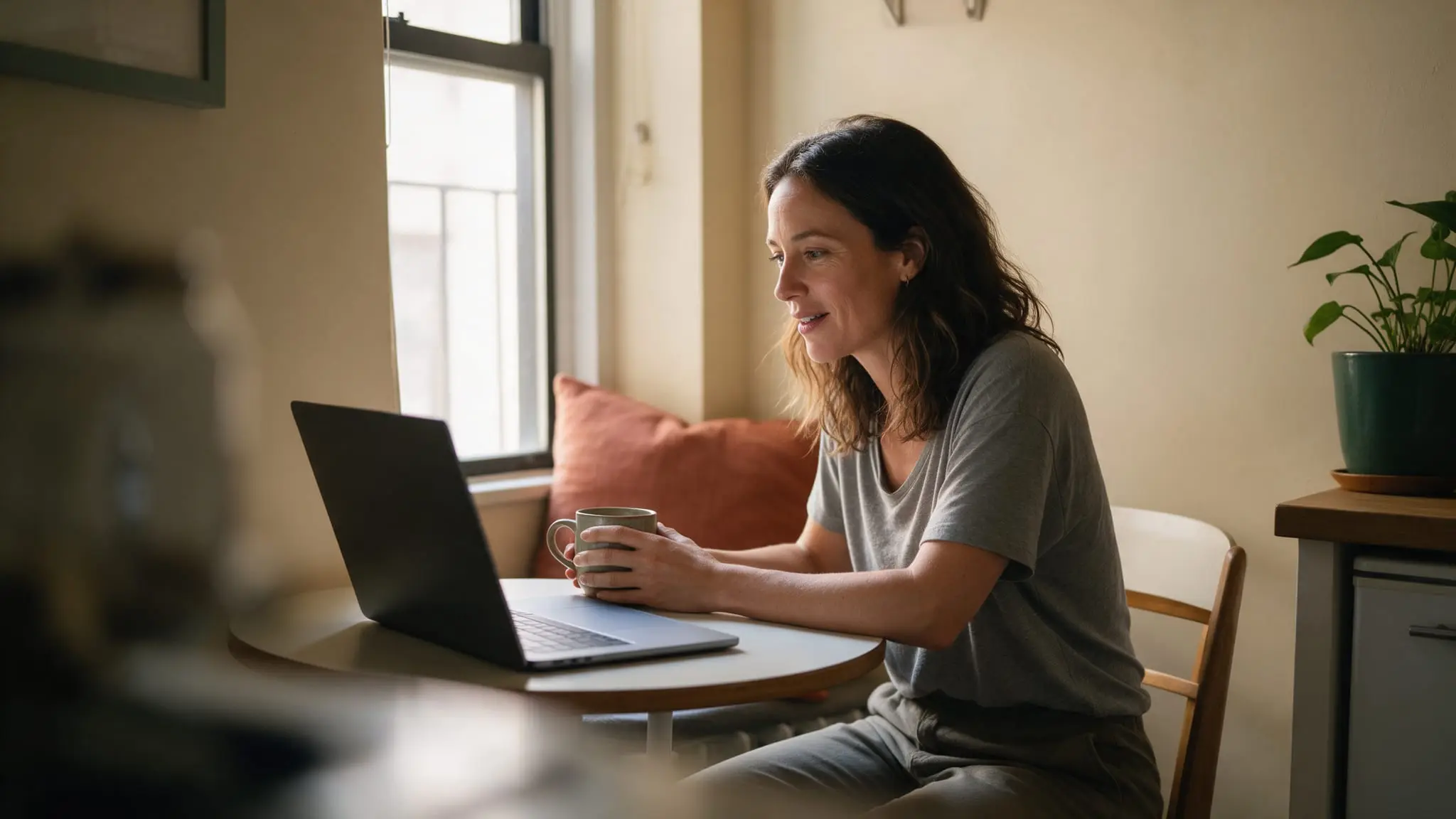 A woman with shoulder-length dark hair smiling slightly as she talks to someone on her laptop at a small round kitchen table, both hands around a mug, a rust-colored cushion on the window seat behind her