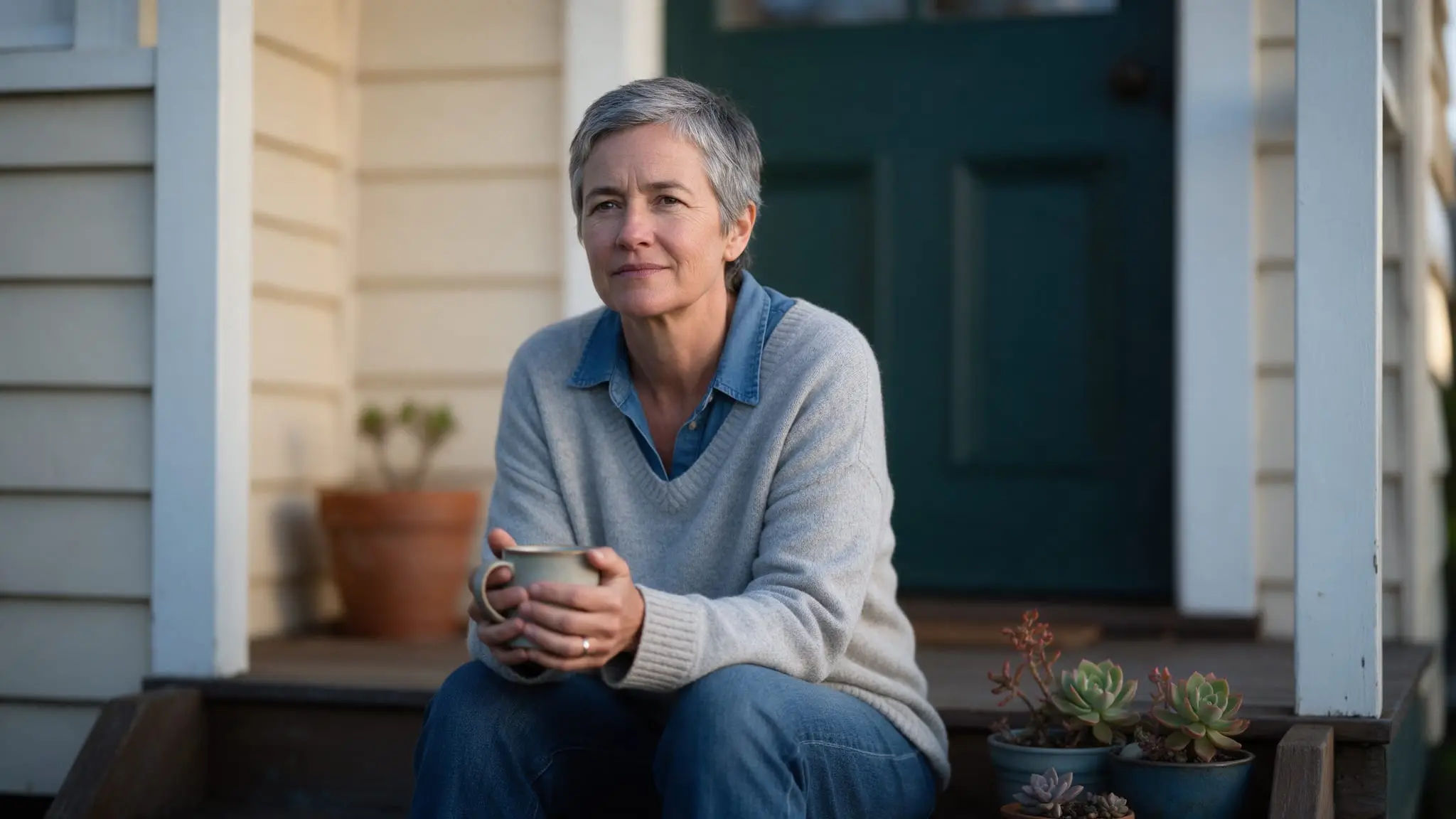 A woman with short grey hair in a grey sweater over a denim shirt sitting on a wooden porch step in front of a dark green door, holding a mug in both hands beside a cluster of potted succulents