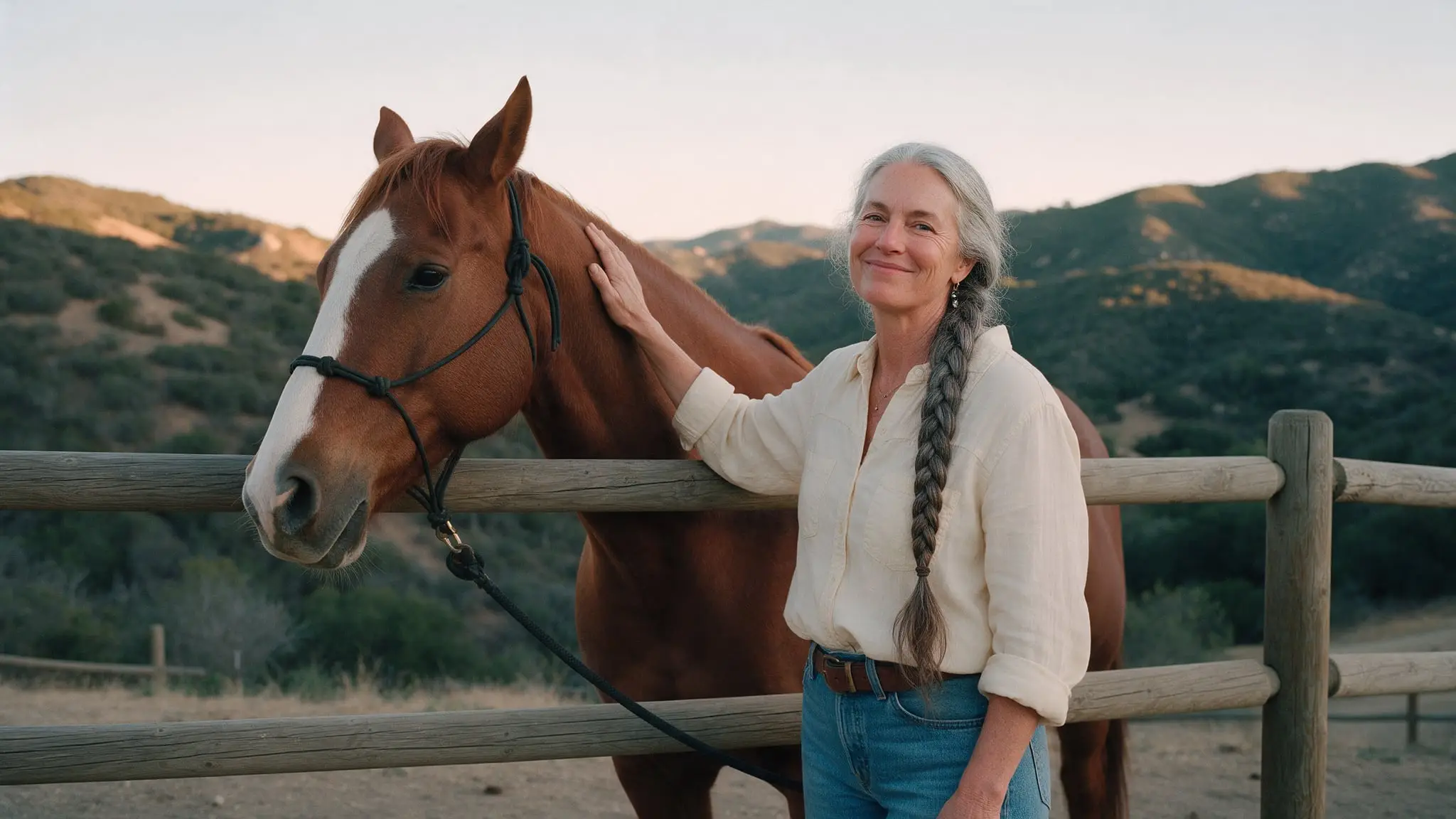 A woman with a long grey braid smiling beside her chestnut horse at a wooden ranch fence, resting a hand on its neck, chaparral hills behind them in evening light