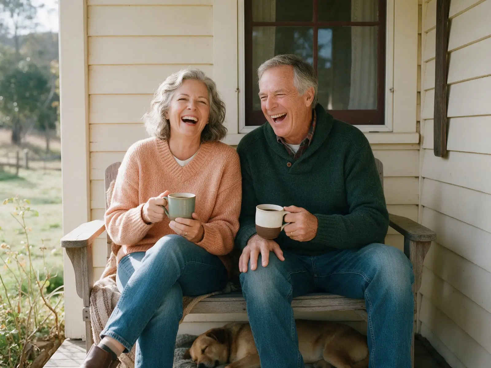 An older couple laughing on the porch of a rural home with mugs of coffee, a dog asleep at their feet