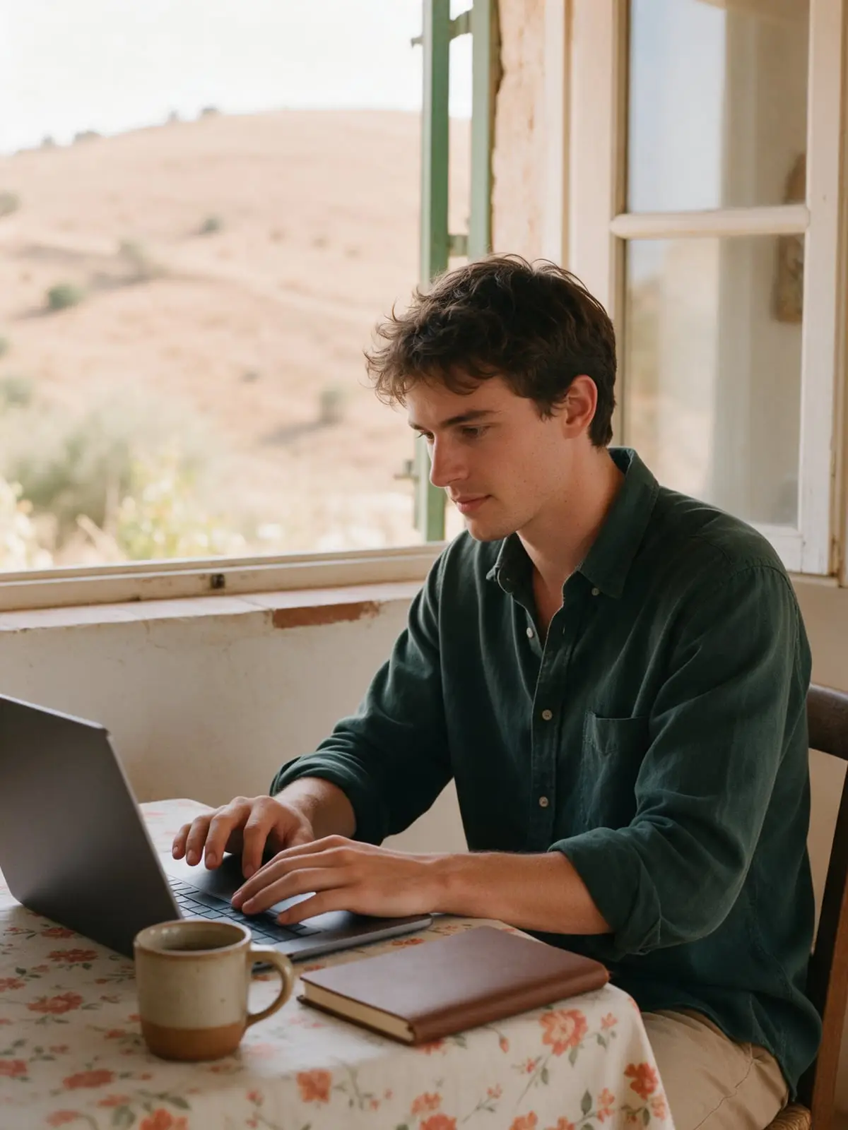 A young man working on a laptop at a farmhouse table beside an open window, a mug and notebook next to him and dry hills outside