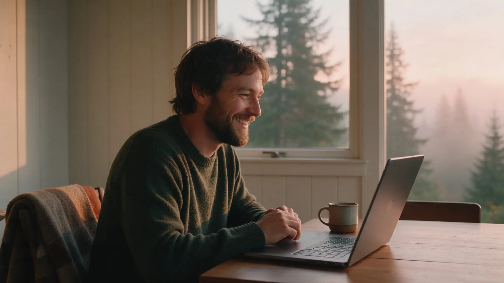 A bearded man in a green sweater smiling at a laptop during a video call at a wooden table, tall evergreen trees in morning mist outside the window behind him