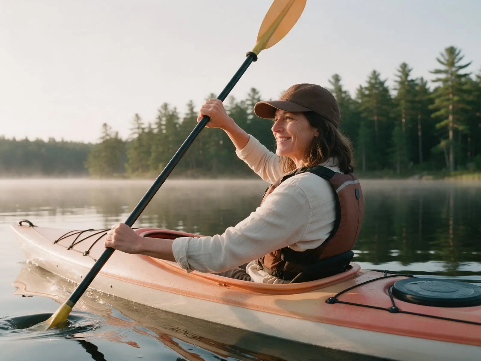 A woman in a cap and life vest smiling as she paddles a kayak across a calm lake ringed by pine forest, a little mist on the water