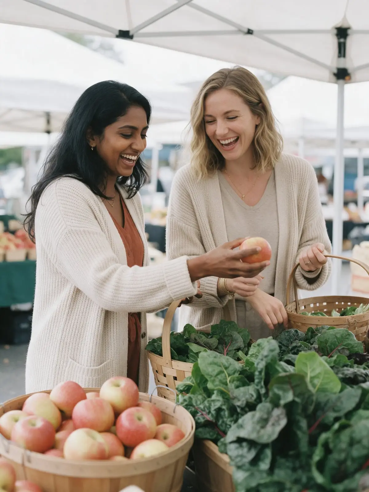 Two women laughing together as they pick out apples and leafy greens at an outdoor farmers market stall under a white canopy