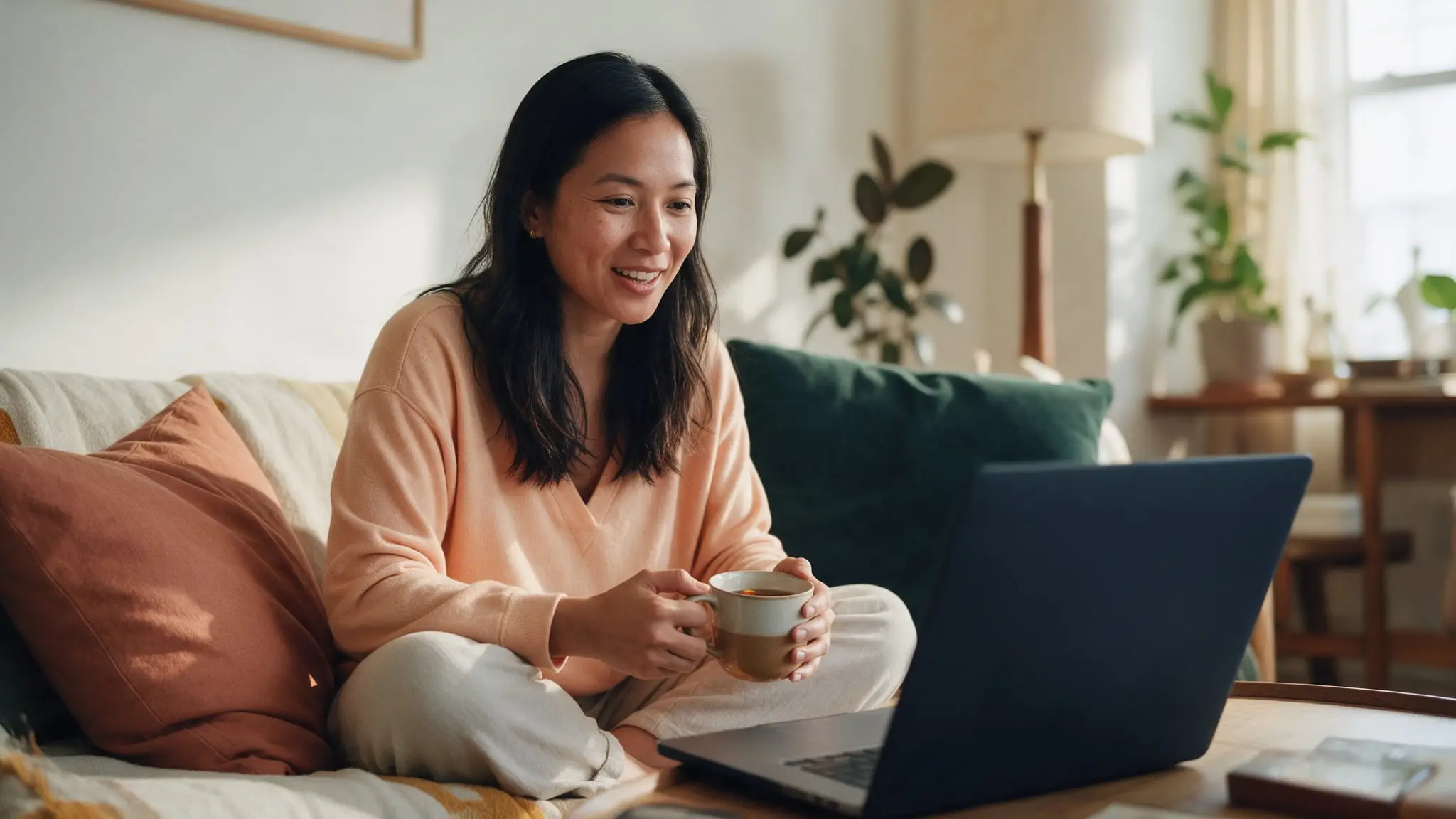 A woman in a peach sweater sitting cross-legged on a sofa with a mug of tea, smiling at a laptop on the coffee table during a video visit, terracotta and green cushions around her