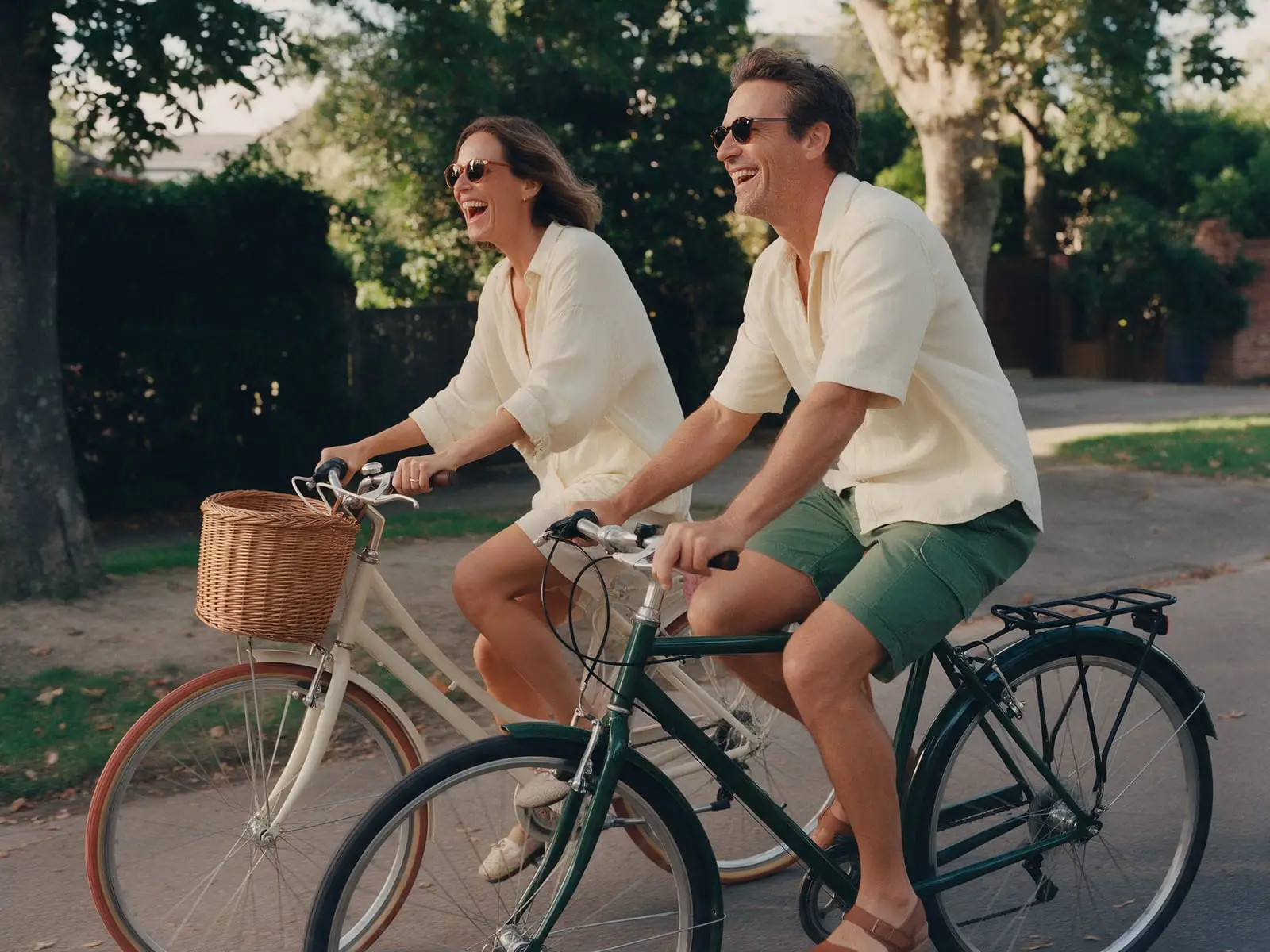 A couple laughing as they ride bicycles side by side along a quiet tree-lined path in late afternoon light