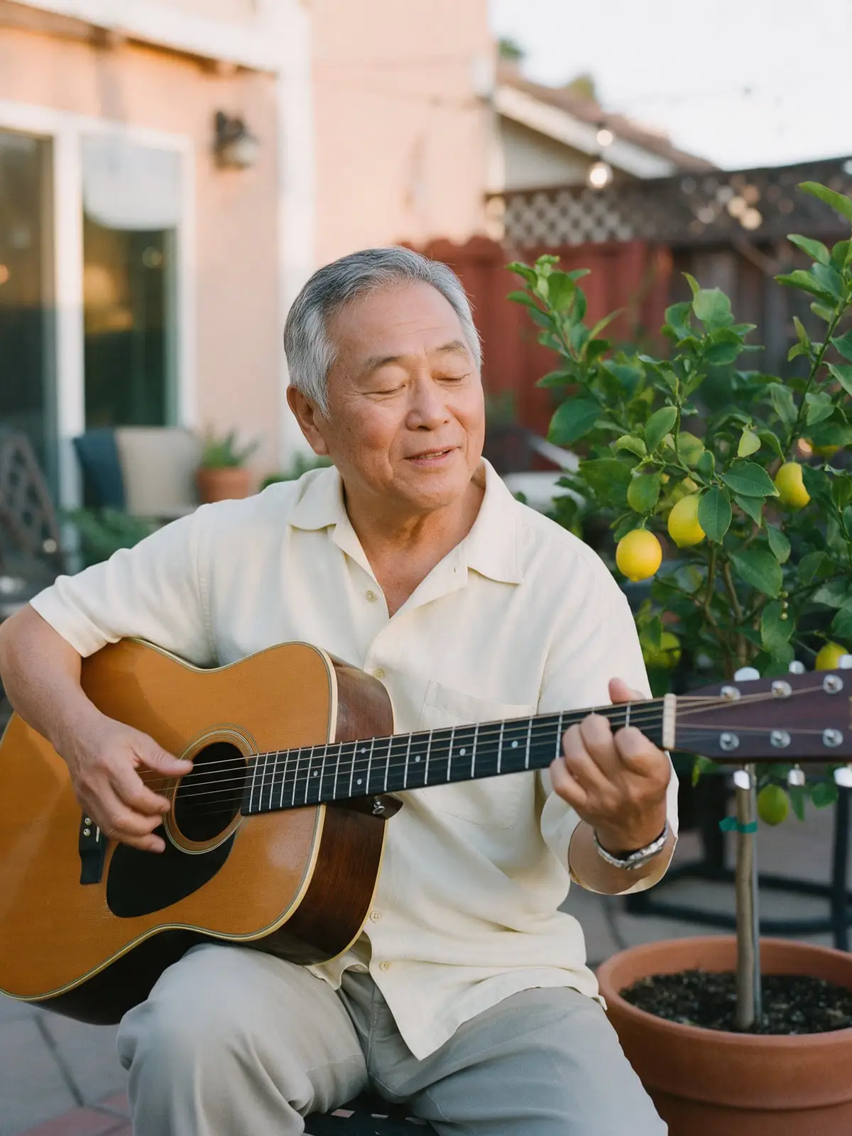 An older man playing an acoustic guitar on his backyard patio with his eyes half closed, a potted lemon tree beside him
