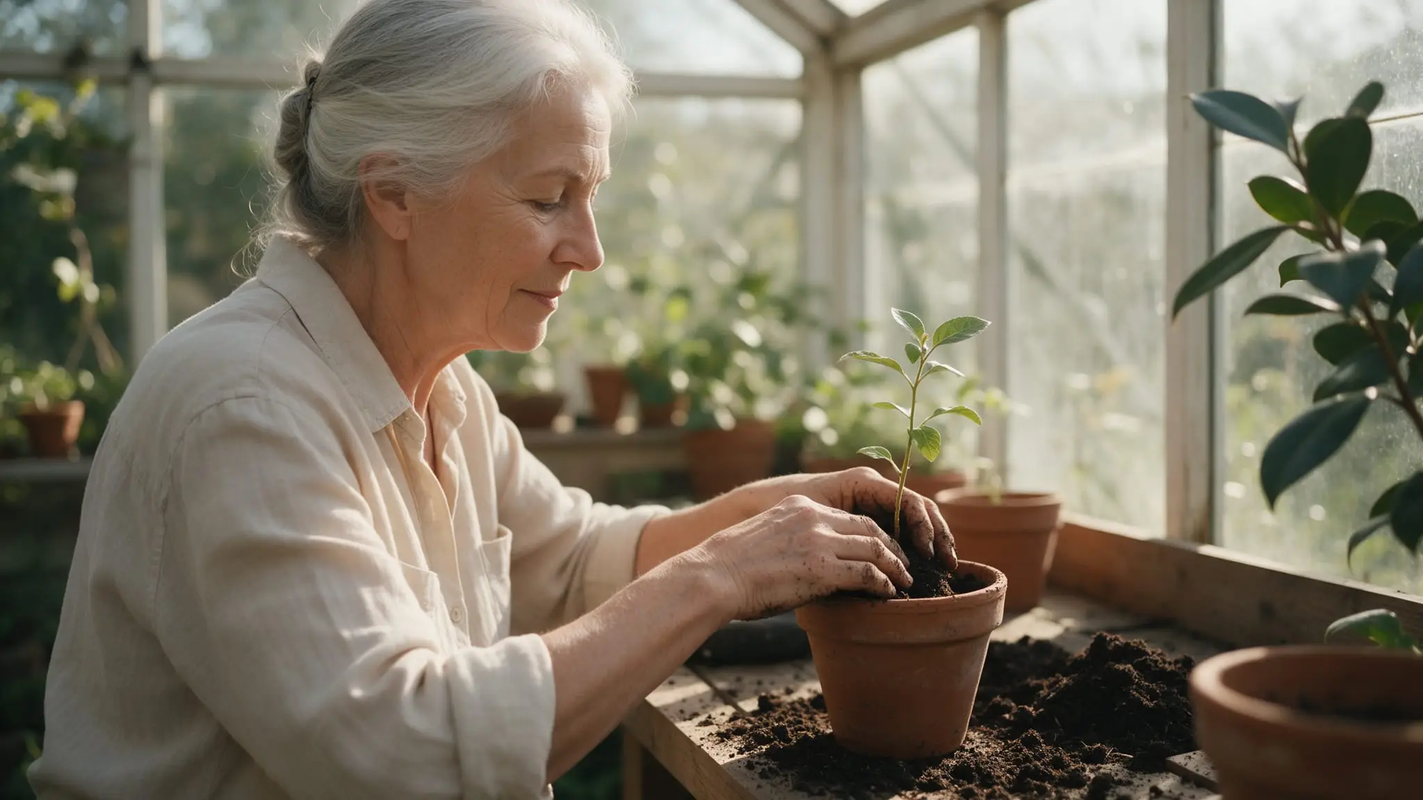 A woman with silver hair repotting a small seedling into a terracotta pot at a wooden potting bench inside a sunlit greenhouse, soil on her hands
