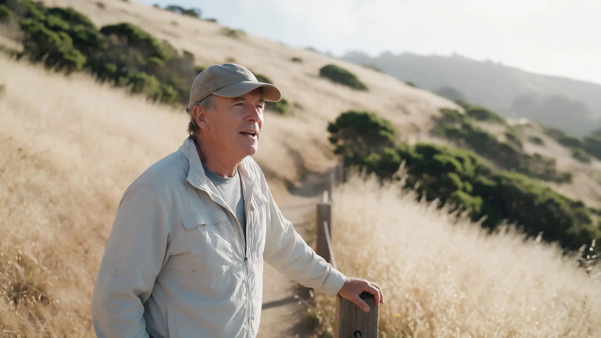 A man in a pale cap and light jacket pausing beside a wooden post on a dirt trail through dry golden grass on a hillside, looking out across the slope