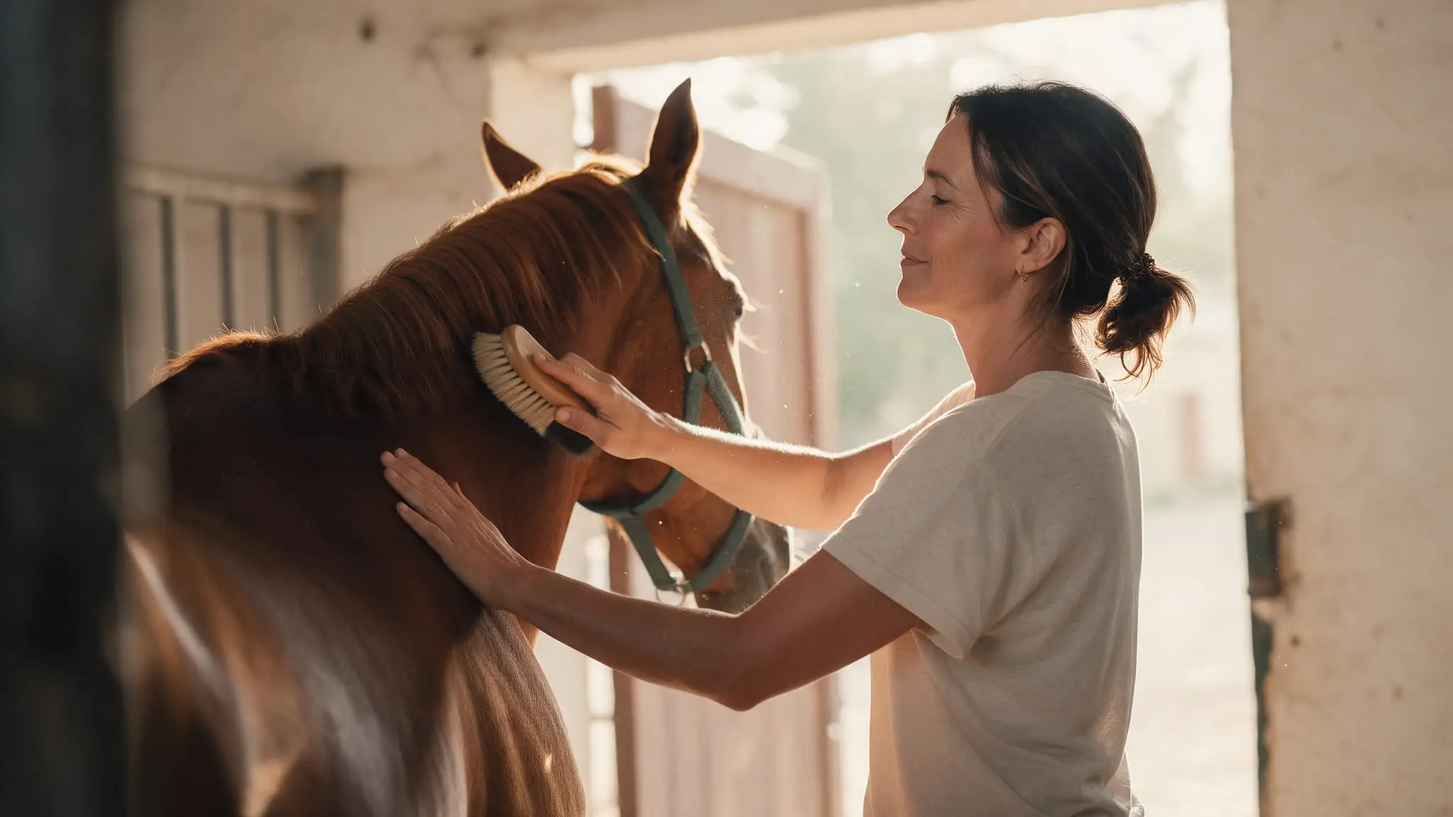 A woman brushing the neck of a chestnut horse in a stable doorway, her other hand resting on the horse, with warm late light falling in behind her