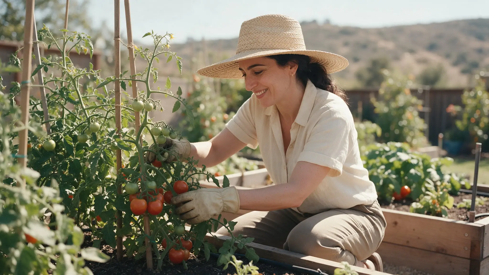 A woman in a straw hat and gardening gloves smiling as she tends tomato plants in raised beds in a sunny backyard, dry hills in the distance