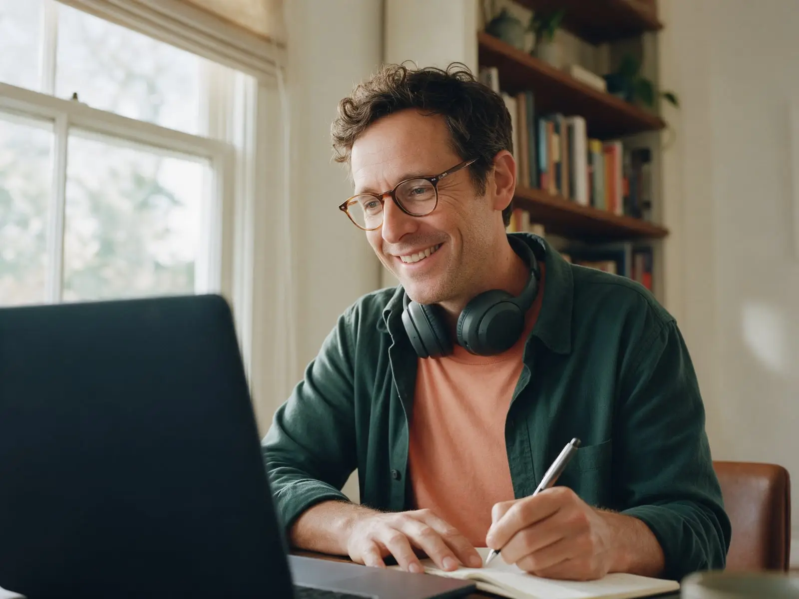 A man in glasses with headphones around his neck smiling and taking notes at his desk during a video call, a bookshelf behind him