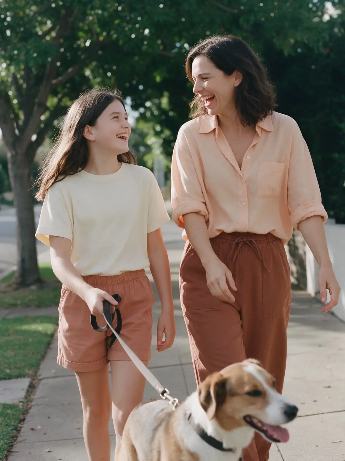 A teenage girl and her mother laughing as they walk their dog together along a shaded sidewalk