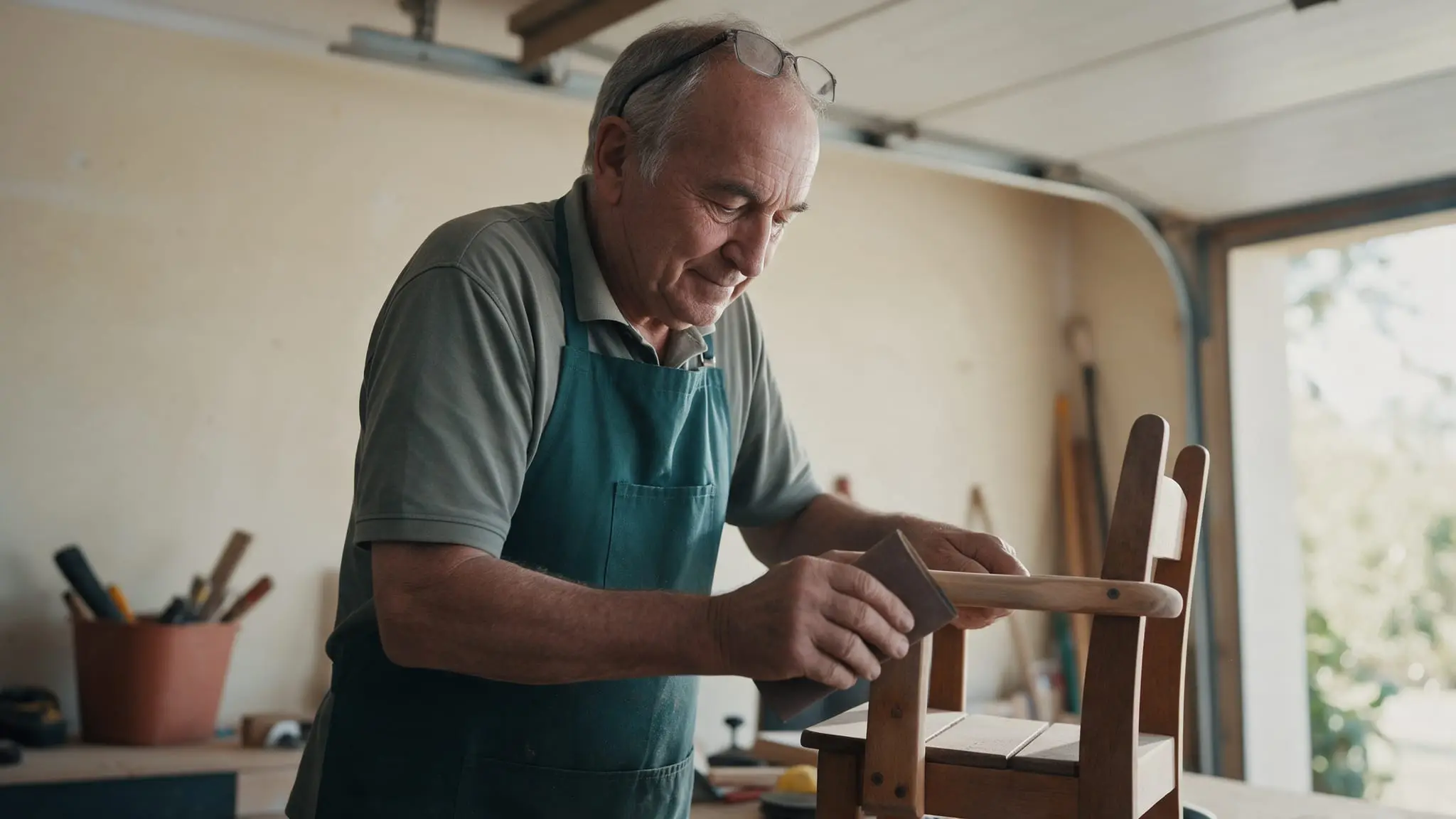An older man in a green work apron and polo shirt sanding the arm of a small wooden chair at a workbench in a sunlit garage, reading glasses pushed up on his head