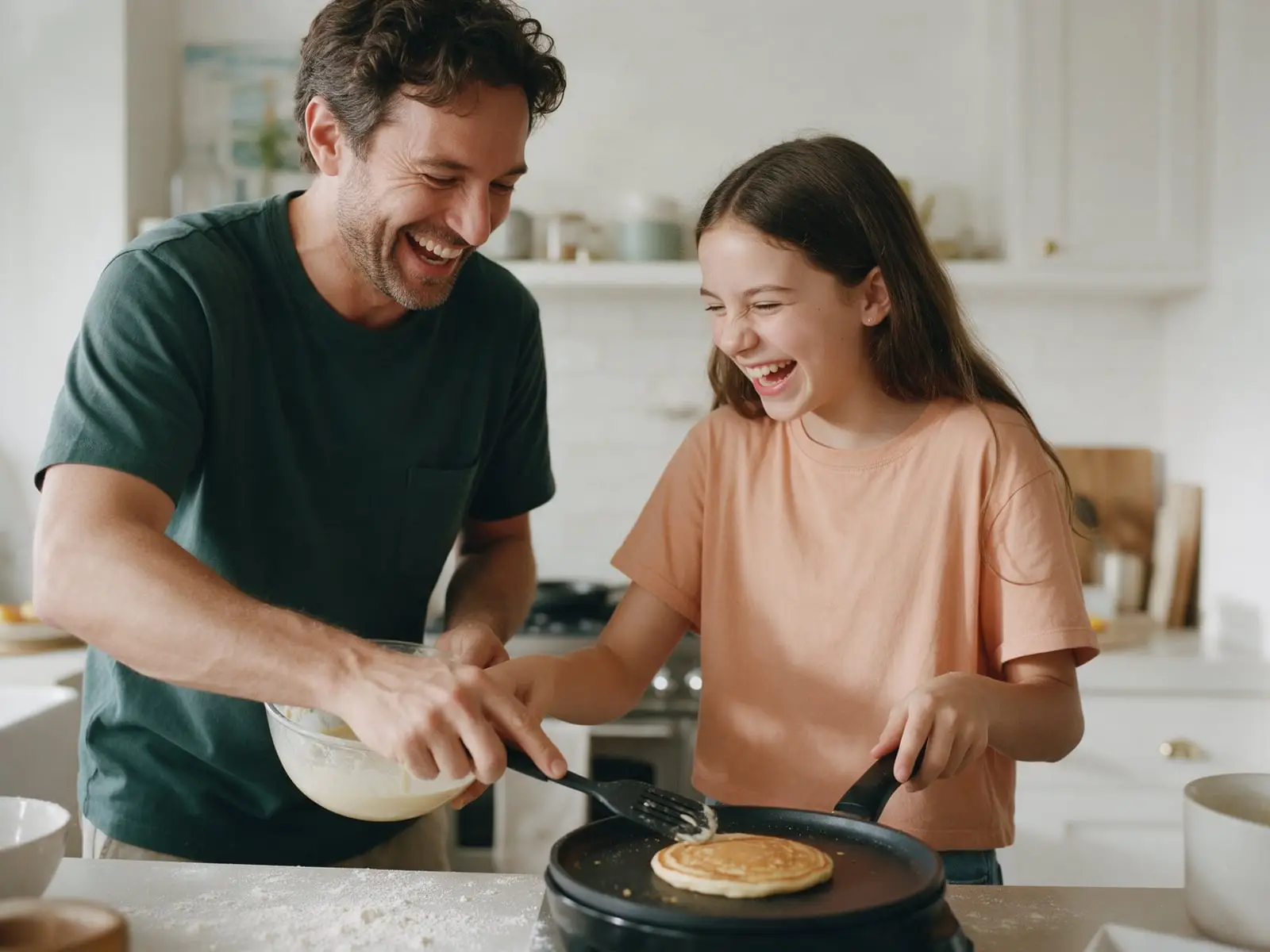 A father and his teenage daughter laughing as they make pancakes together in a bright kitchen, flour on the counter