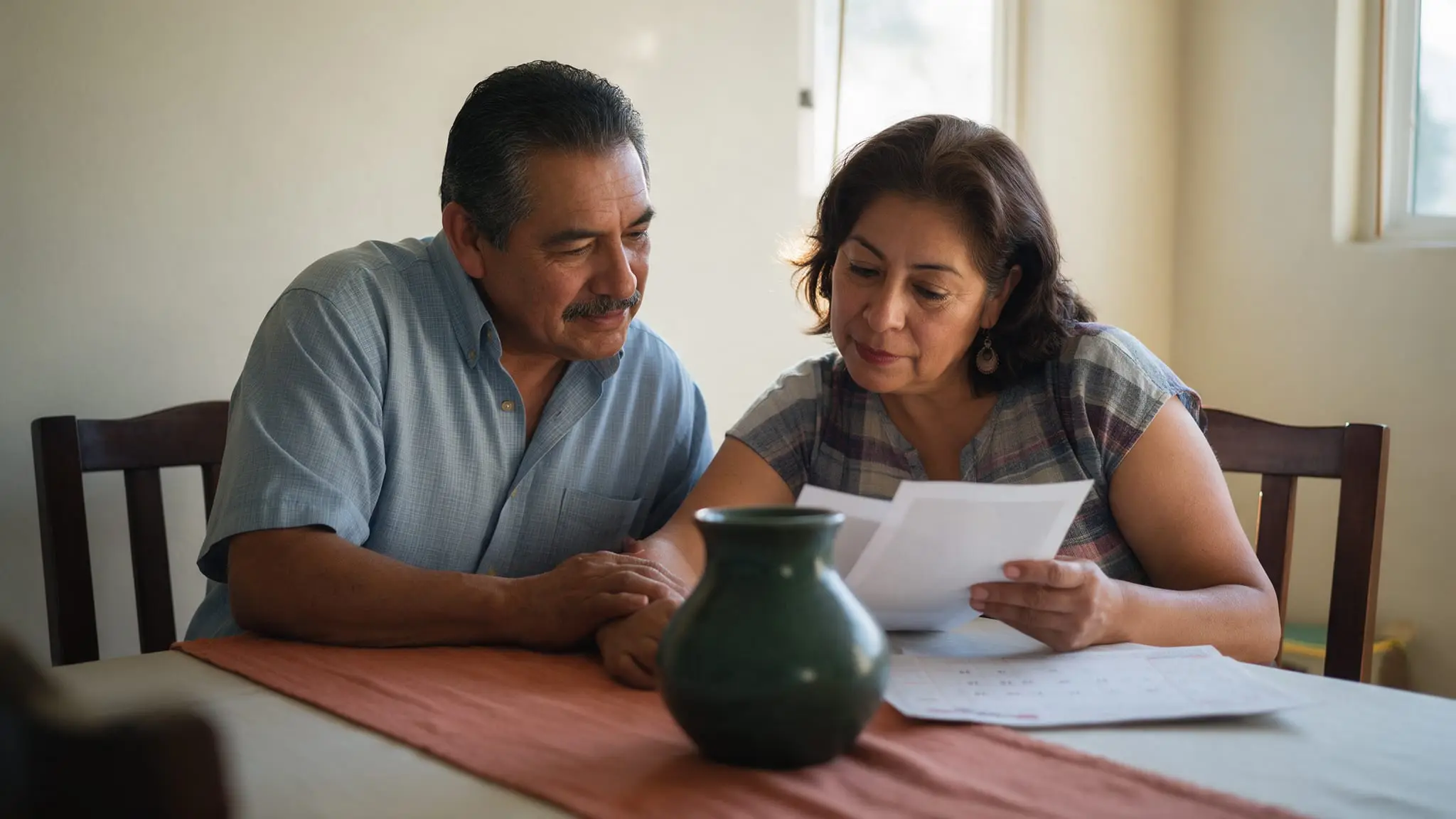 A couple in their fifties sitting side by side at a dining table reading through a few printed pages, his hand resting on her arm, a green vase on a terracotta table runner