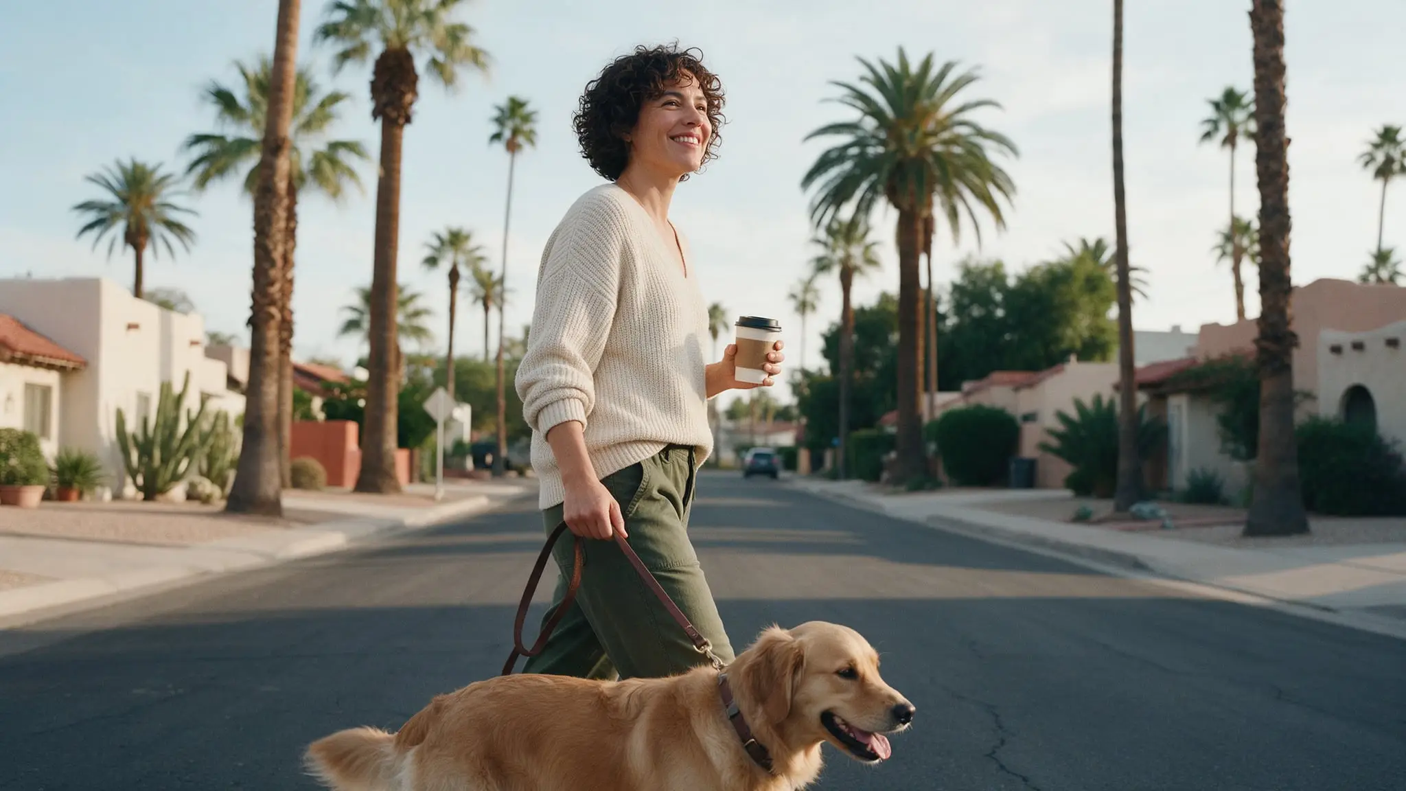 A woman with short curly hair in a cream sweater smiling as she walks a golden retriever down a palm-lined residential street in early morning sun, a coffee cup in her hand