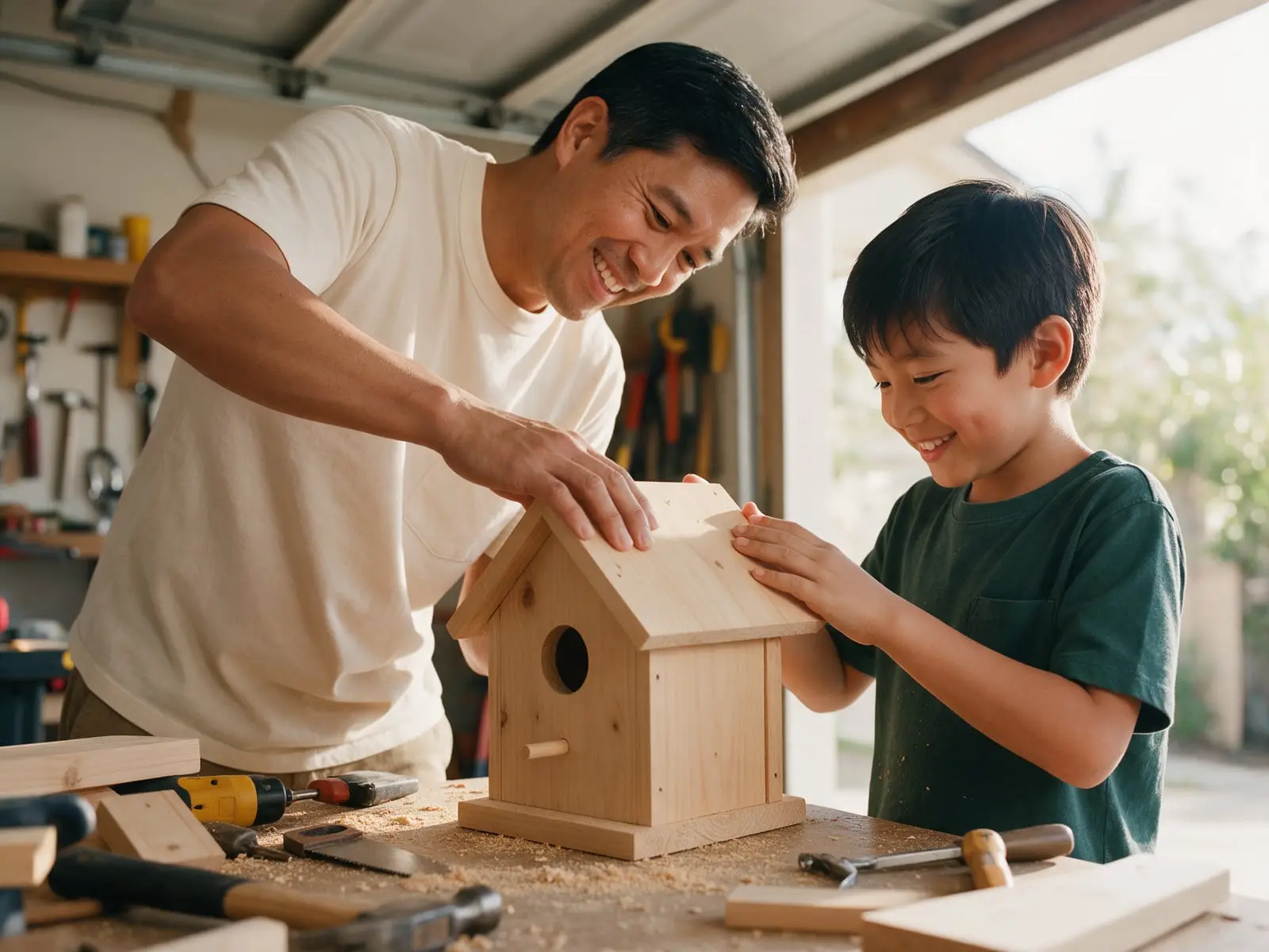 A father and his young son smiling as they build a wooden birdhouse together at a garage workbench scattered with tools and sawdust
