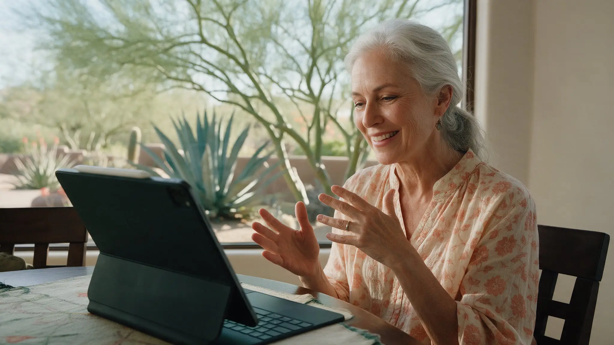 A woman with silver hair in a floral blouse smiling and gesturing as she talks on a video call on a tablet, a sunny desert garden of agave and palo verde through the window behind her