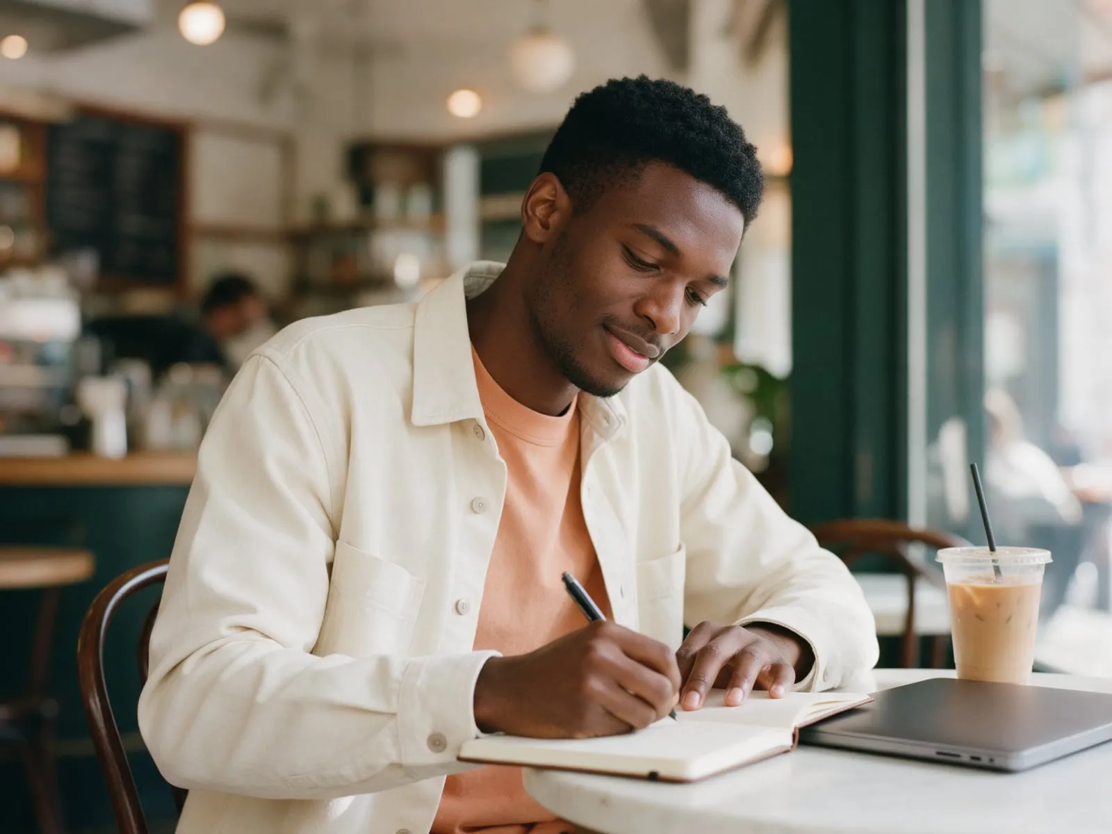 A young man in a cream overshirt writing in a notebook at a sunny cafe table, a closed laptop and an iced coffee beside him