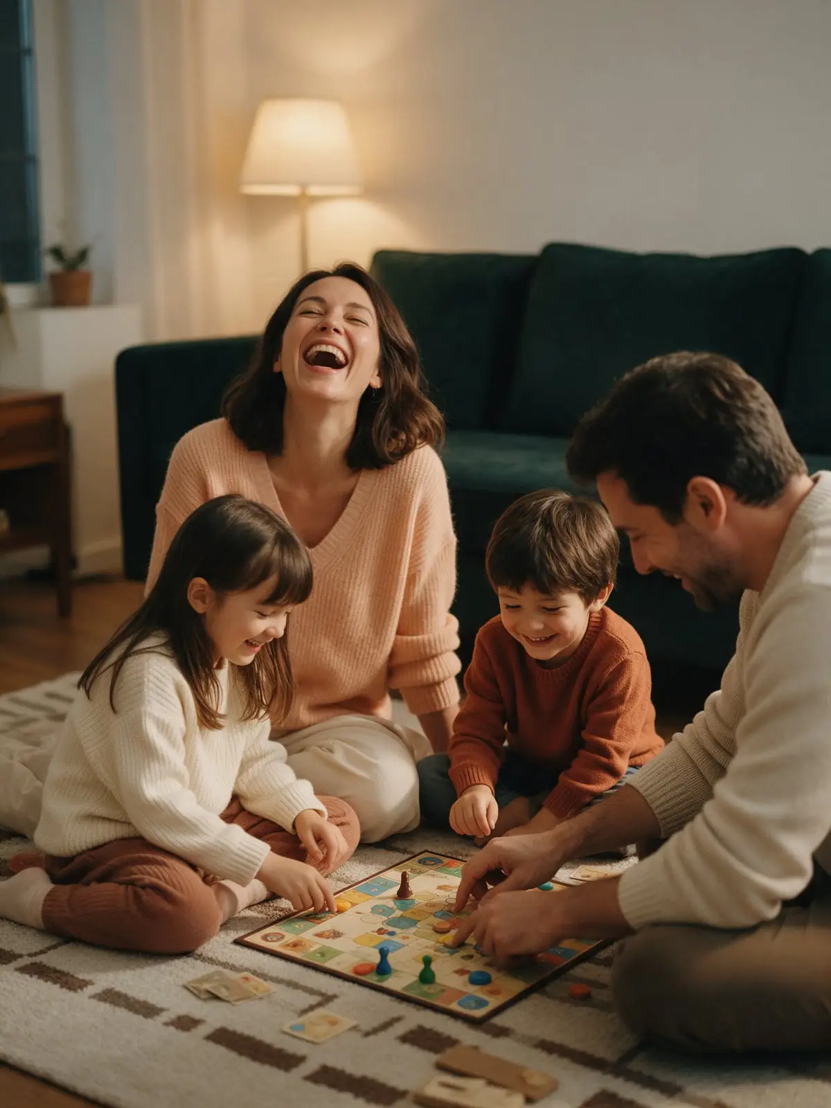 A family of four playing a board game on a living room rug, the mother laughing with her head tipped back while the children grin