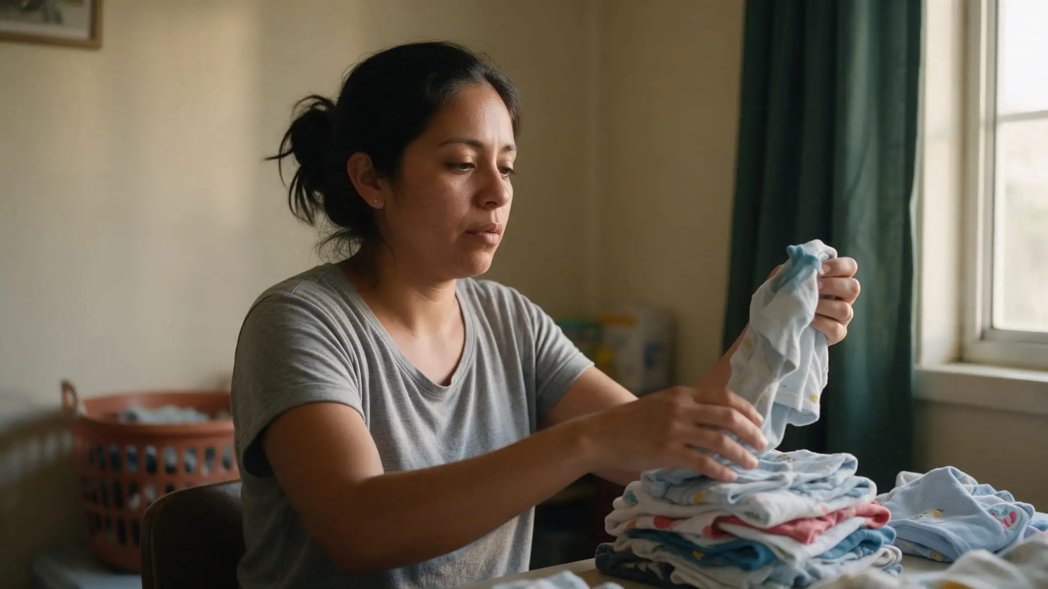 A woman with her dark hair tied back folding a pile of small children's clothes at a table by a window, a terracotta laundry basket behind her and a green curtain at the glass